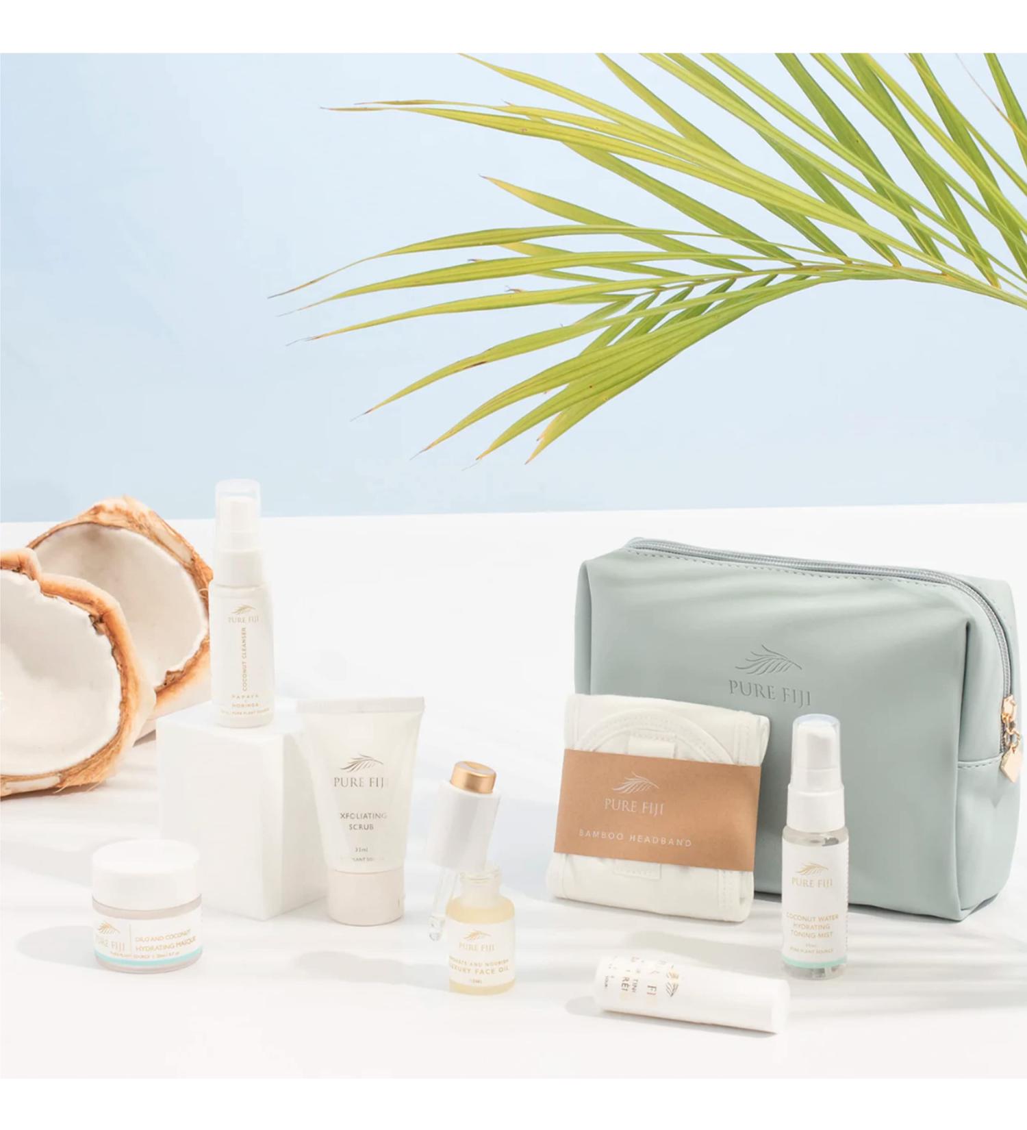 Pure Fiji Hydrating & Recharge Luxury Facial Gift Set - Face Care Kit Include 7 Items: Cleanser Scrub Toning Mist Facial Oil Day Creme Dilo & Coconut Masque and Travel Bag