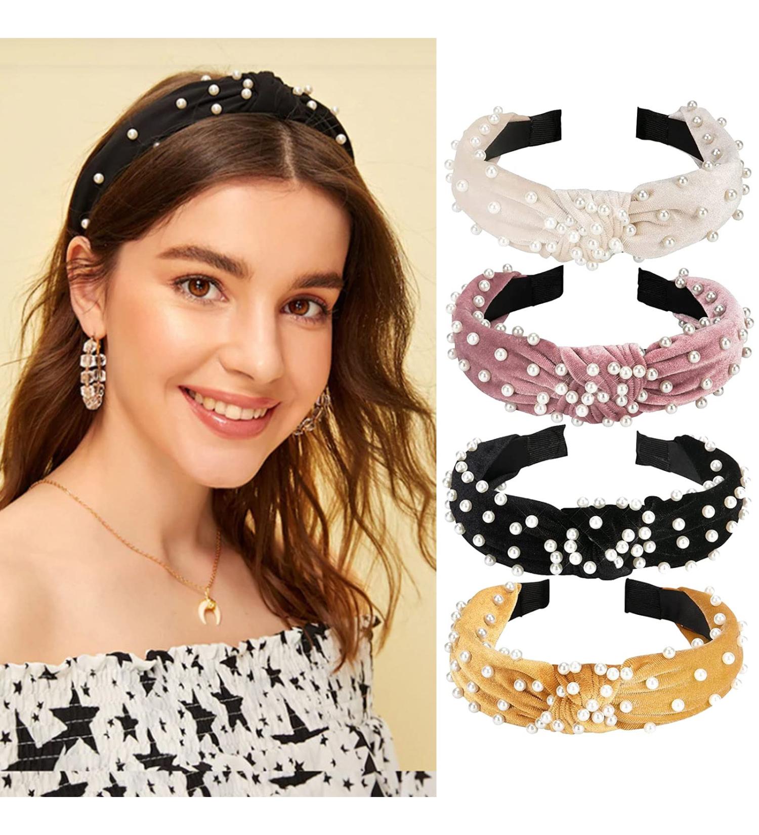 GORGOU 4 Pack Pearl Headbands for Women - Knotted Wide Headbands - Fashion Turban Hair Hoops - Velvet Hair Accessories for Girls - Buy Online on GoSupps.com