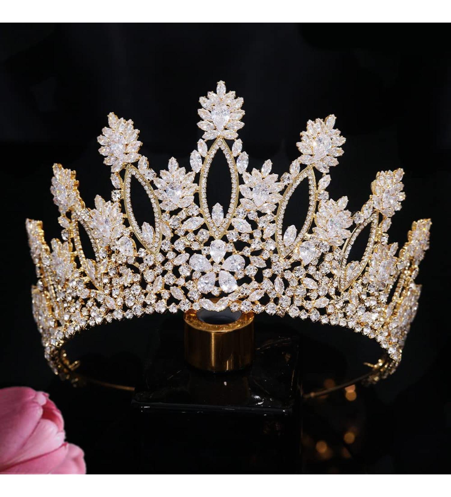 Jorsnovs Luxury Cubic Zirconia Tall Tiara & Crown - Gold Wedding Headpiece for Women - Buy Online on GoSupps.com