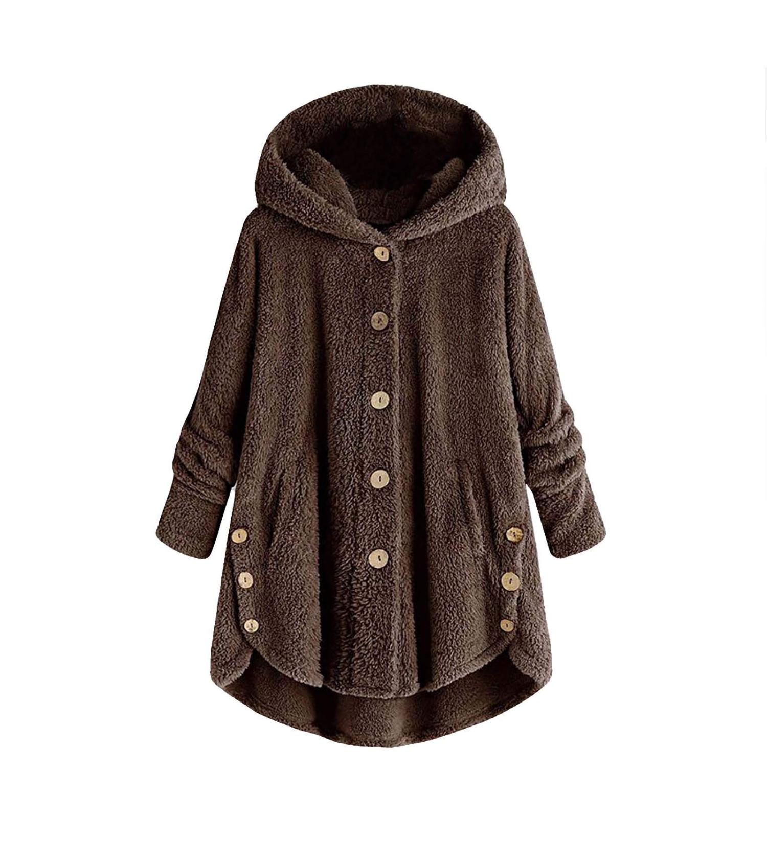 oelaio Winter Jacket for Women Button Fleece Cardigan Coats Casul Sherpa Wide-Hem Hooded Coats Oversize Loose Outwear Coffee Medium - Buy Online on GoSupps.com