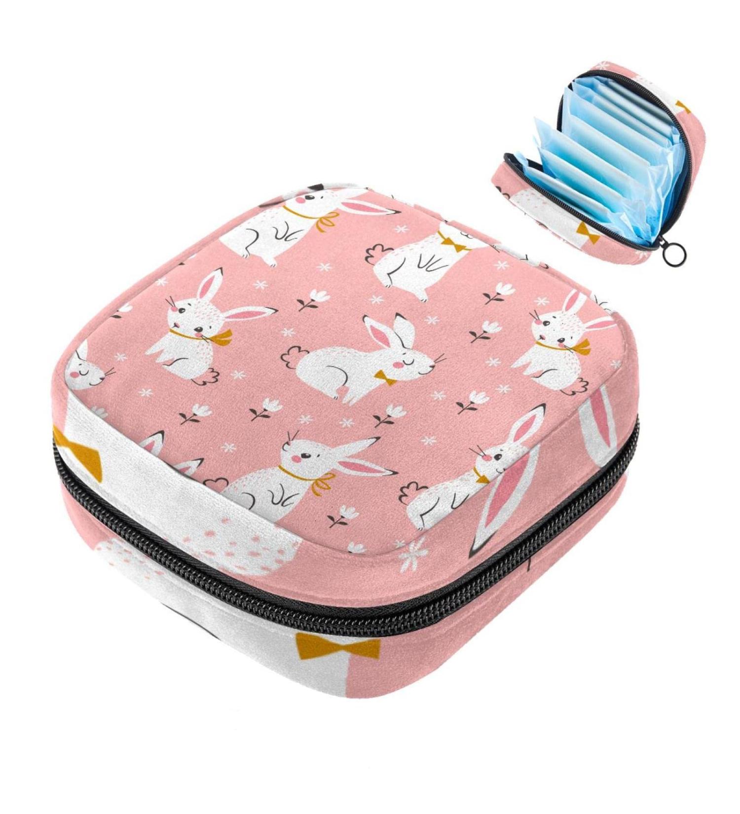 Women's Binding Pocket Bag - Cute White Rabbits & Flowers - Pink Tampon Storage & Zip Pockets - Multi-use Menstrual Ties Bag - Buy Online on GoSupps.com