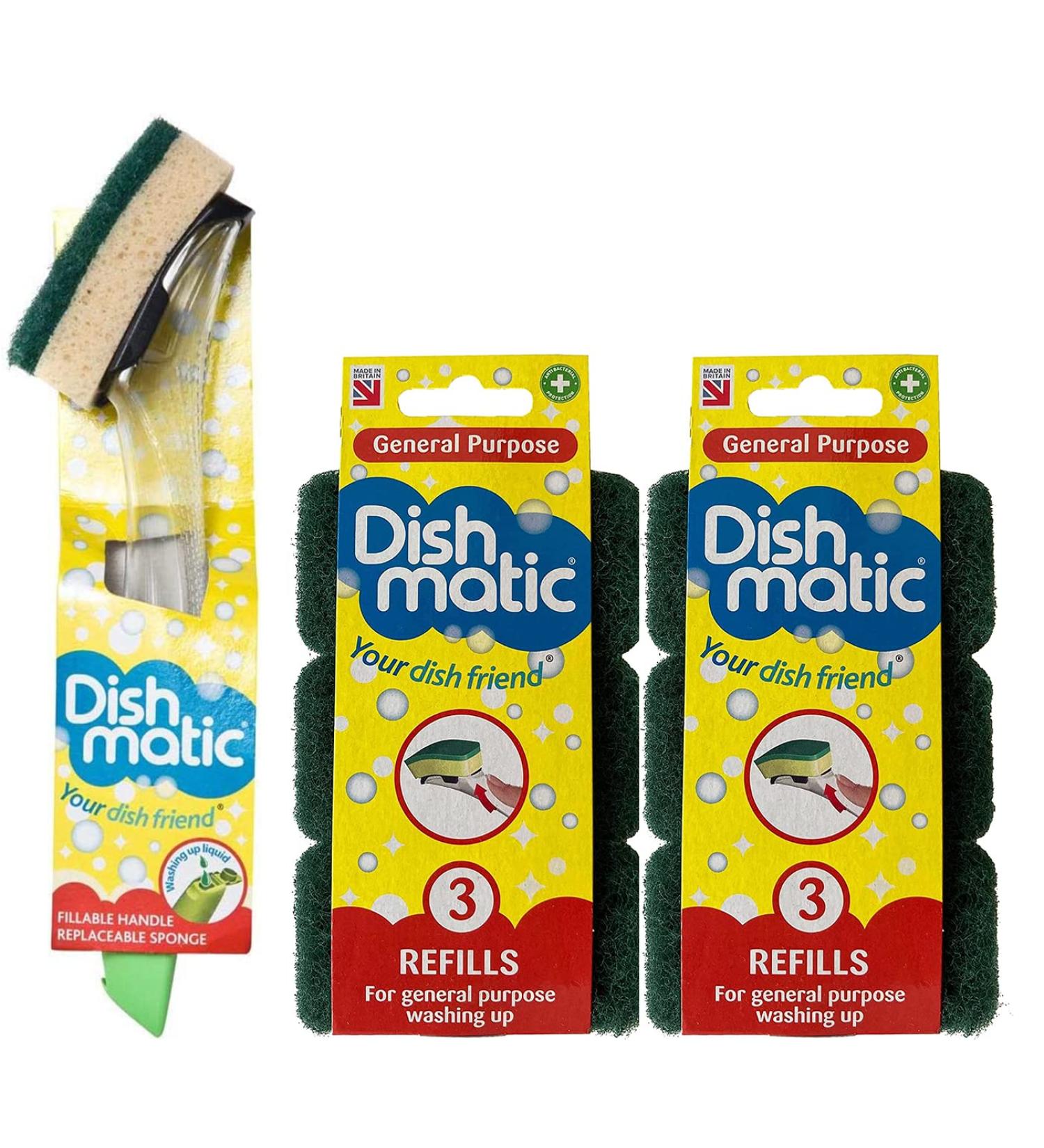 Dishmatic Fillable Washing up Brush and Sponge with Bonus Refill - Easy Grip Dish Cleaner and 6X General Purpose Refills - Buy Online on GoSupps.com