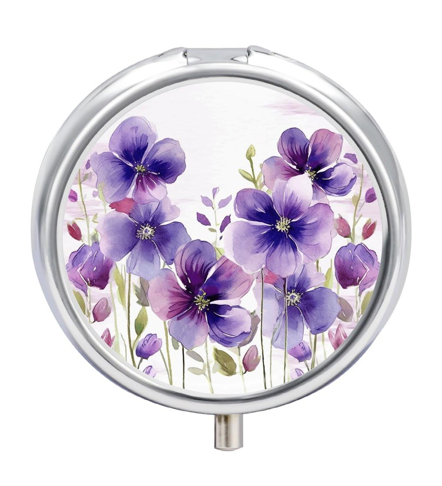 Round Purple Flowers Print Pill Box | 3 Compartment Portable Medicine Organizer | Decorative Metal Pill Case for Travel - Buy Online on GoSupps.com