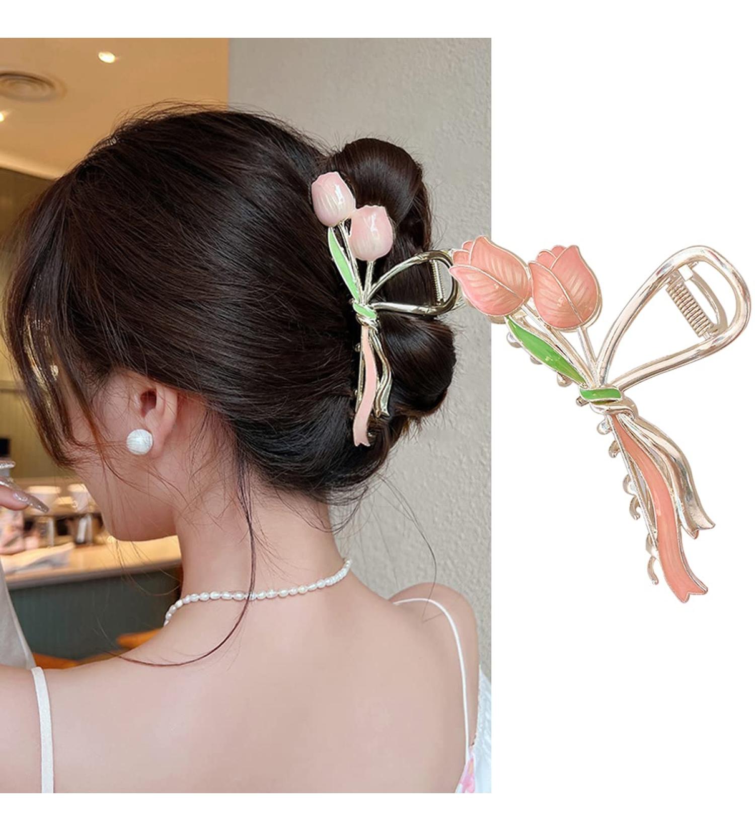 Summer Pink Tulip Bouquet Flower Hair Clip - Strong Hold Non Slip Accessory for Women with Thick or Thin Hair - Large Claw Clip Design - 1 Pc (Pink) - Buy Online on GoSupps.com