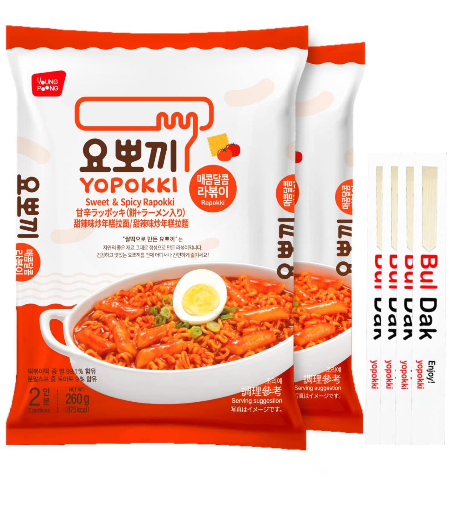 Yopokki Sweet & Mild Spicy Rabokki Pack - Korean Snack with Ramen Noodle Tteokbokki & Topokki Rice Cakes (2 Pack) - Includes Sweet & Mild Spicy Flavored Sauce & 4 Chopsticks - Buy Online on GoSupps.com