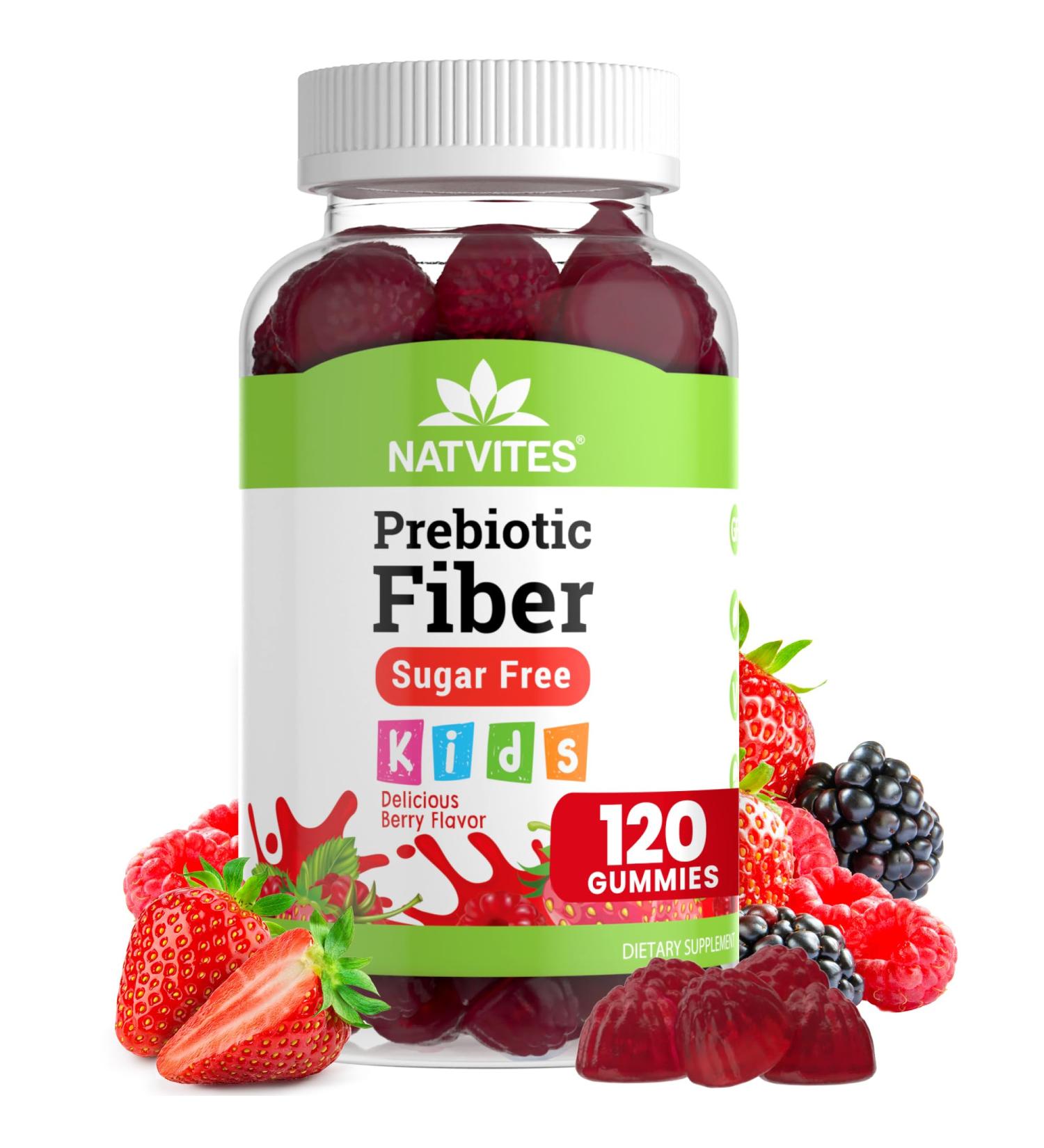 Natvites Prebiotic Kids Fiber Gummies for Children Ages 2 & Up - Sugar Free Vegetarian Gelatin Free Non-GMO Kids Fiber Supplements for Digestive Health (120 Count) - Buy Online on GoSupps.com