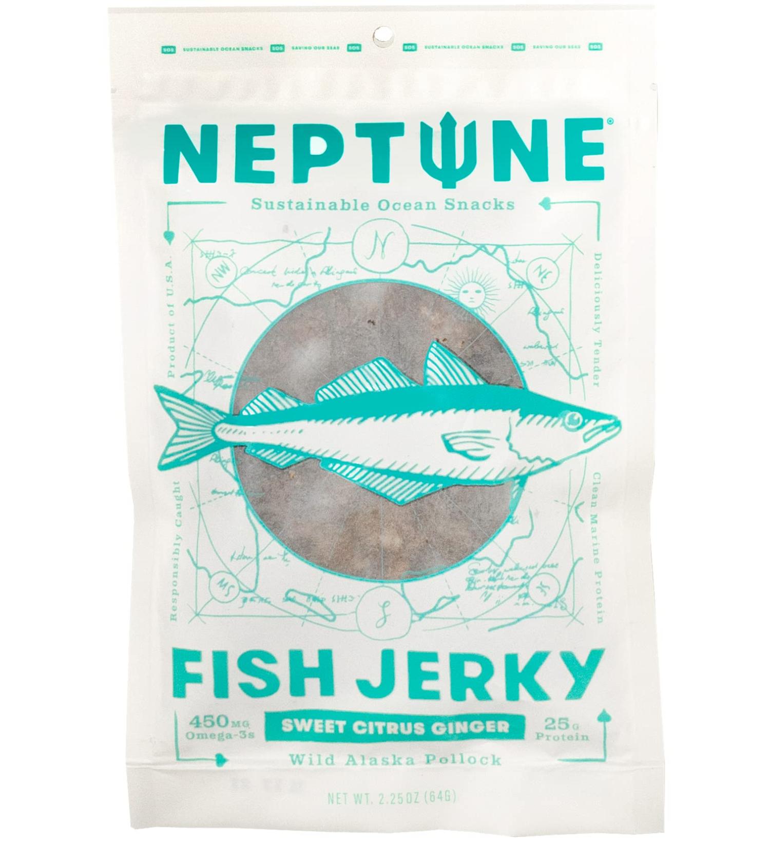 Neptune Wild Alaska Pollock Fish Jerky - Sweet Citrus Ginger - 2.2oz - Organic, Gluten-Free, Paleo - 25g Protein, 450mg Omega 3s - Sustainably Sourced - Small US Fisheries - Buy Online on GoSupps.com