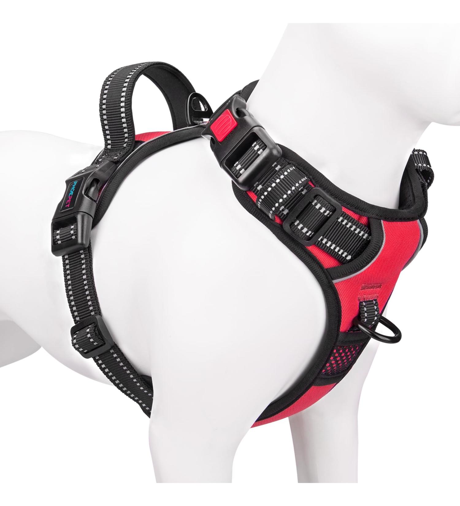 PHOEPET Reflective Large Breed Dog Harness with Handle | No Pull Vest for Easy On/Off | 2 Metal Rings, 3 Buckles | Medium Red - Buy Online on GoSupps.com