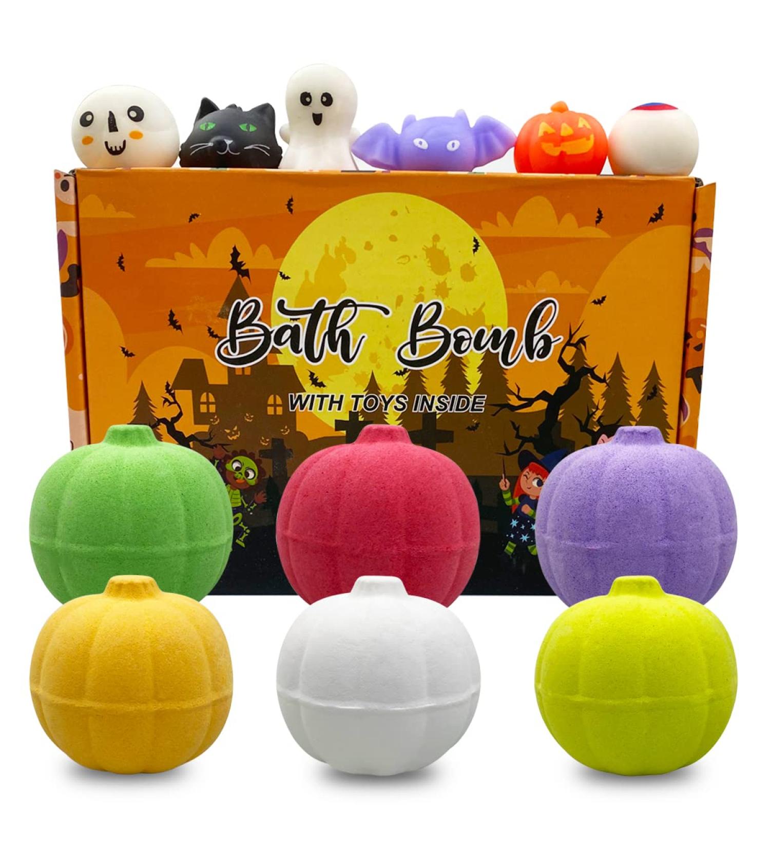 QINGQIU 6 Pack Halloween Pumpkin Bath Bombs with Squishy Toys - Ideal Halloween Treat Bags Gifts for Kids - Buy Online on GoSupps.com