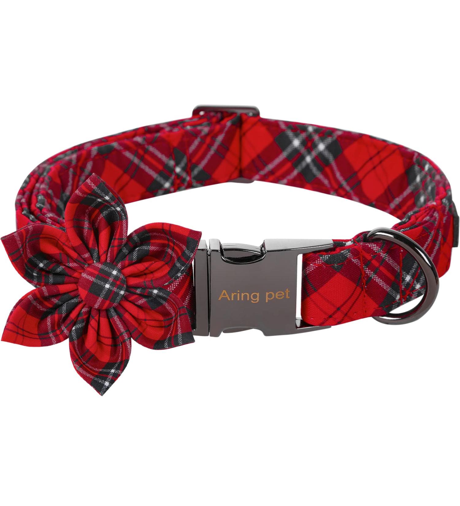 Shop Aring Pet Christmas Dog Collar - Adjustable Cotton Red Plaid with Flower Perfect for Small & Medium Dogs - Red/Black Checkered - Buy Online on GoSupps.com