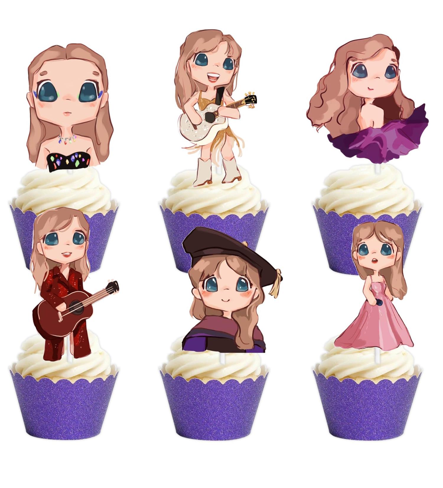 18pcs Glitter Cartoon Girls Dessert Cupcake Topper Cheer to Worldwide Popular Female Singer Concert Theme Decor Pick for Fan Men Women Happy Birthday Music Party Decorations Supplies - Buy Online on GoSupps.com
