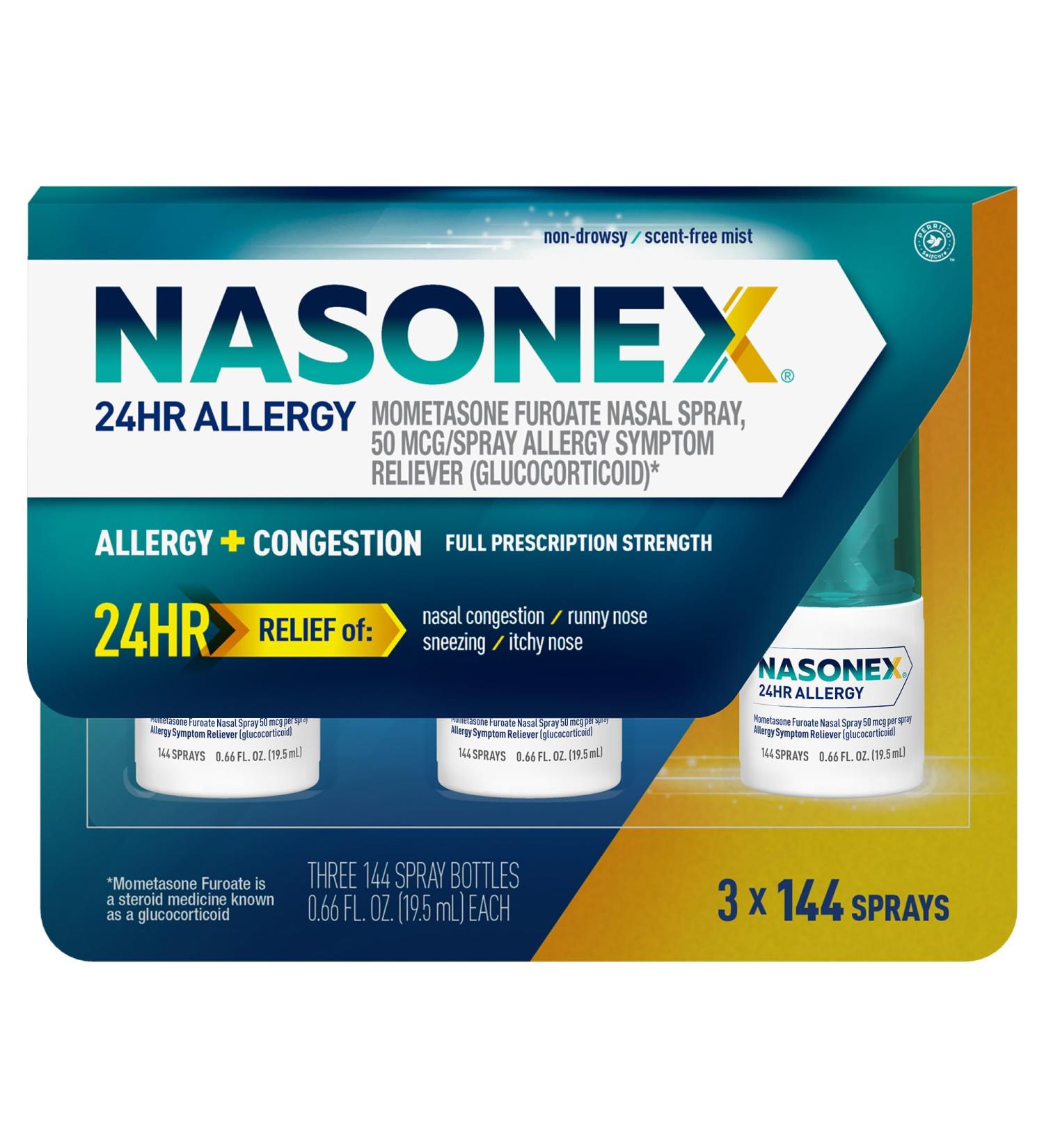 Nasonex 24HR Allergy Nasal Spray Non-Drowsy Scent-Free Mist Allergy Symptoms + Nasal Congestion Full Prescription Strength 120 Sprays (3 Pack) - Buy Online on GoSupps.com