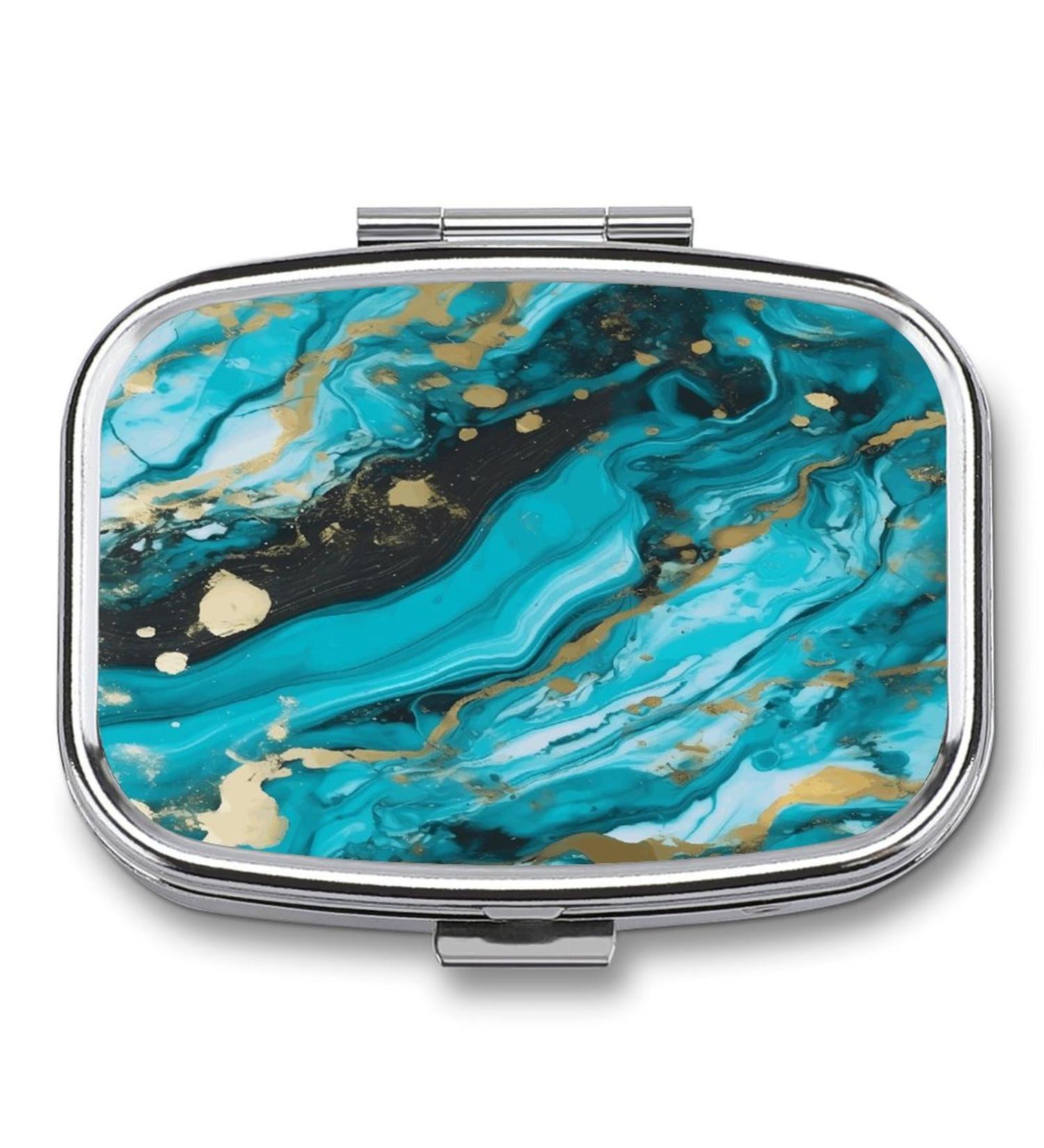 Turquoise Blue Gold Marble Print Pill Box - 2 Compartment Portable Pill Organizer for Pocket & Purse | Stylish Decorative Metal Medicine Case - Buy Online on GoSupps.com