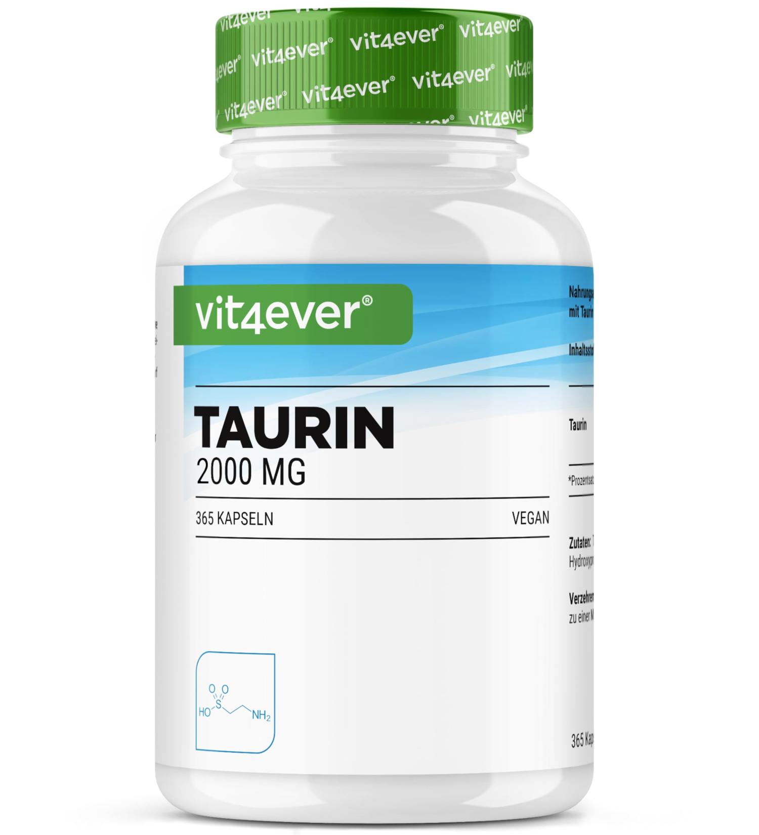 vit4ever Taurine - 365 G lules - Extra Hautement Dos 2000 mg par Dose Journali re (2 G lules) - Plus de 99% de Puret - Sans Additifs Inutiles Vegan - Buy Online on GoSupps.com