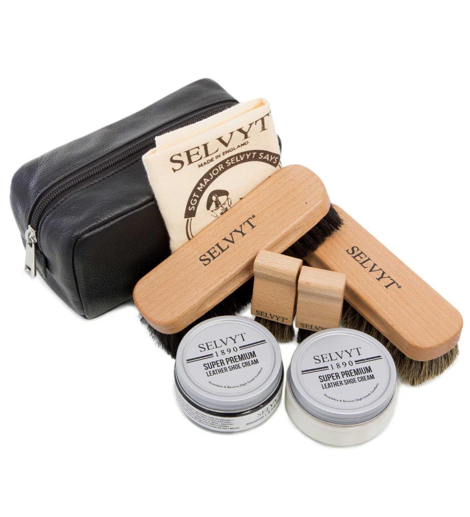 Selvyt 1890 SET P Shoe Care Kit Luxury Bag with Horse Hair Brushes Cloth and Creams