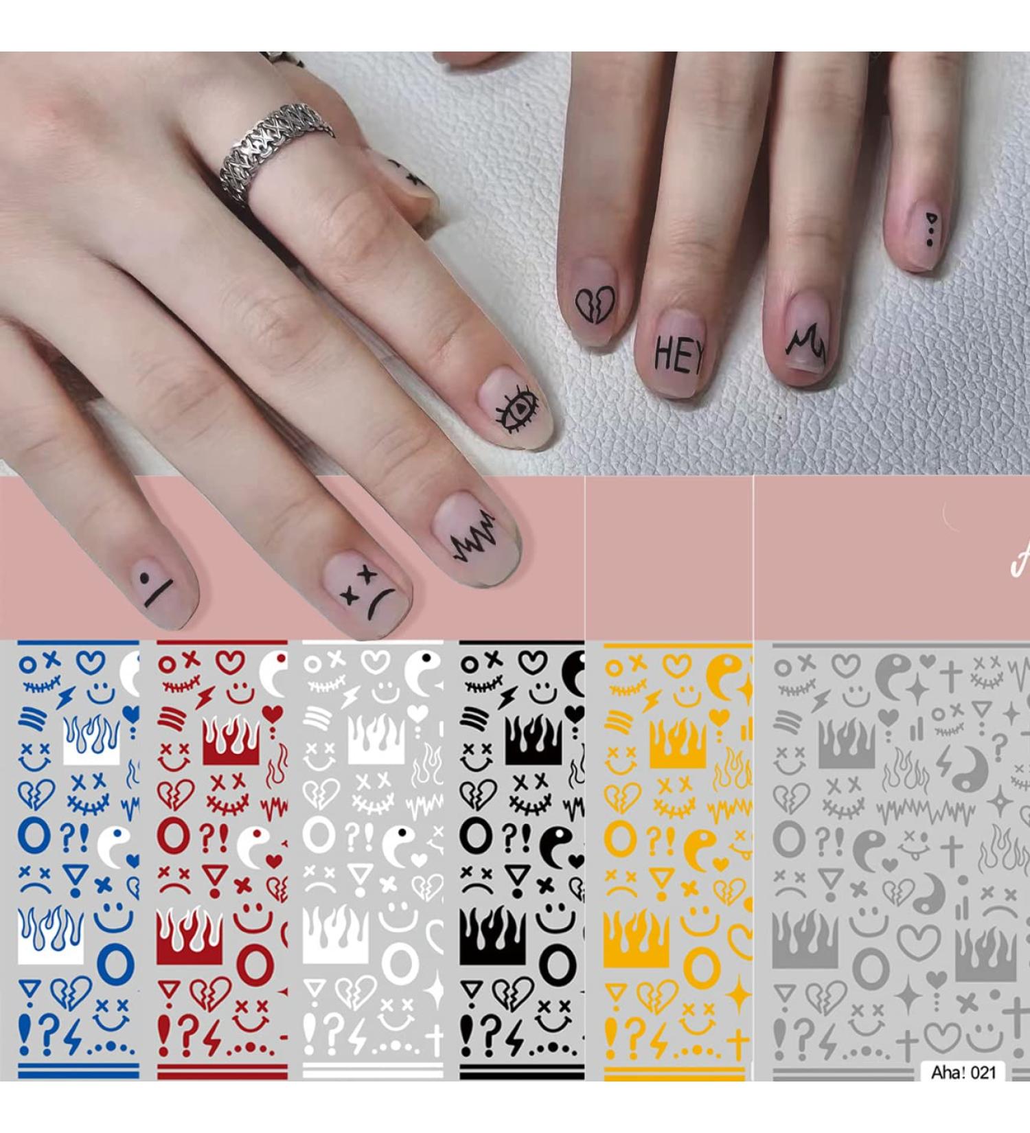 6 Sheet Smiley Face Nail Art Stickers | Black Red Flame Heart 3D Self-Adhesive Decals for Acrylic Nails | Stars, Symbols, Line Designs | Nail Decoration for Women, Men, Girls - Buy Online on GoSupps.com