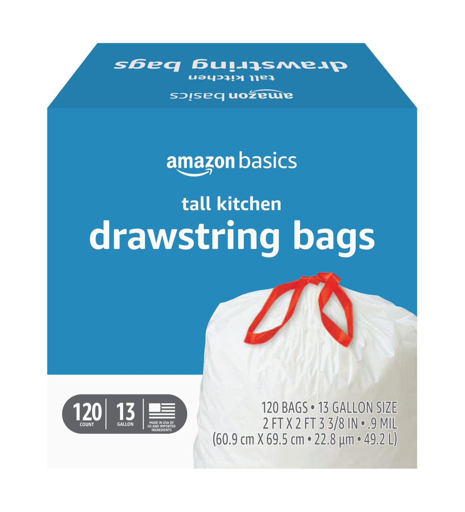 Amazon Basics 13 Gallon Tall Kitchen Drawstring Trash Bags, 120 Count - Unscented | Pack of 1 - Buy Online on GoSupps.com