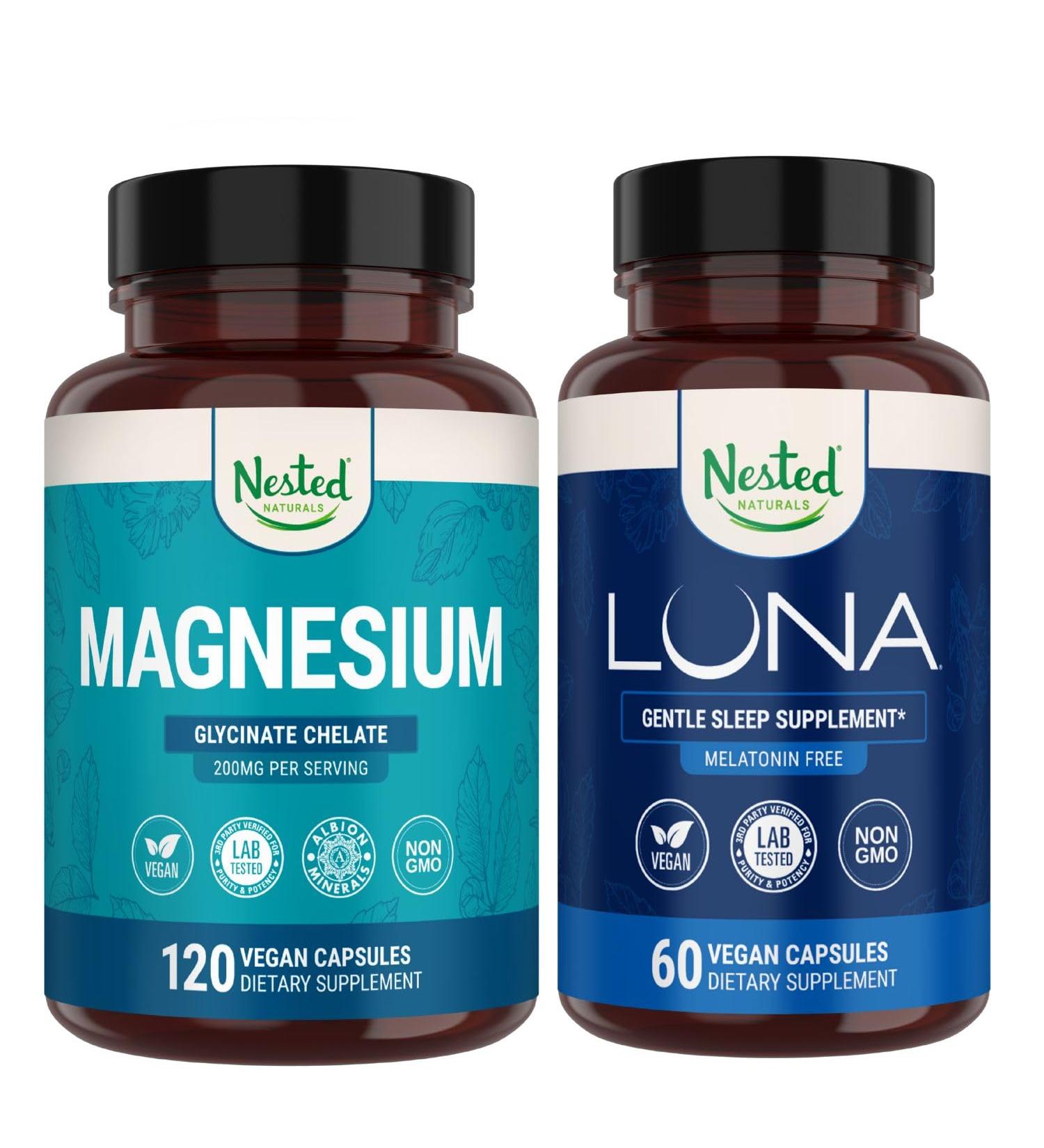 Nested Naturals Luna Melatonin-Free Sleep Aid & Magnesium Glycinate Chelate for Improved Sleep Relaxation & Recovery (180 Capsules) - Buy Online on GoSupps.com