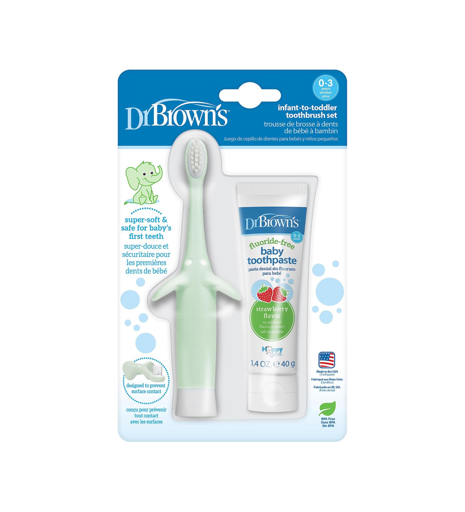Dr. Brown's Infant-to-Toddler Training Toothbrush Set - Mint Elephant & Fluoride-Free Strawberry Baby Toothpaste for 0-3 Years - Buy Online on GoSupps.com
