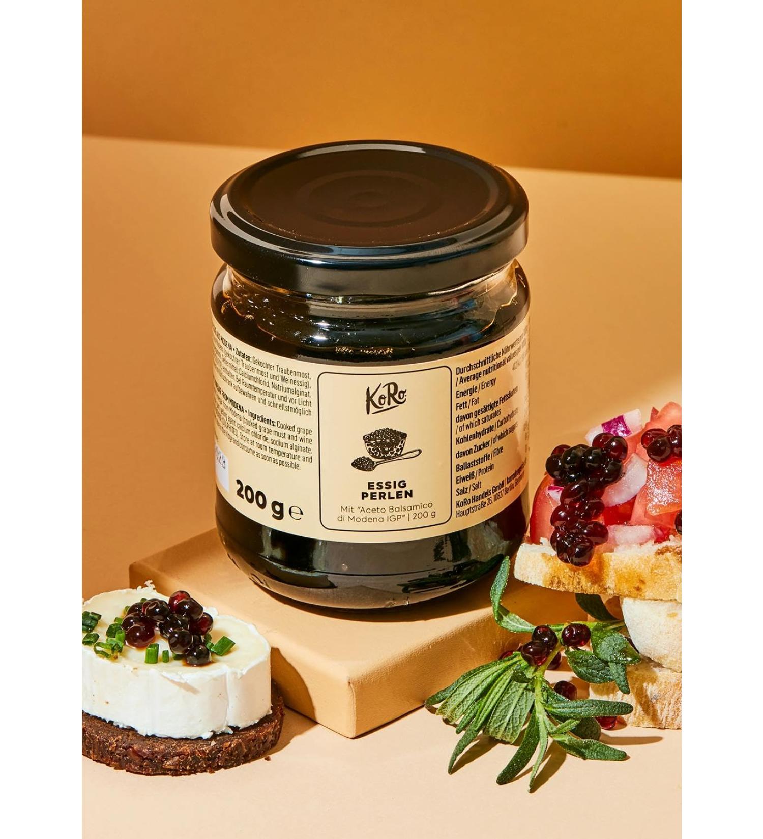 KoRo - Perles de vinaigre balsamique 200 g - Petites perles tendres avec un c ur liquide d'Aceto Balsamico di Modena I.G.P. - En bocal avantageux de 200 g - Vegan - Pour garnir des plats sal s - Buy Online on GoSupps.com