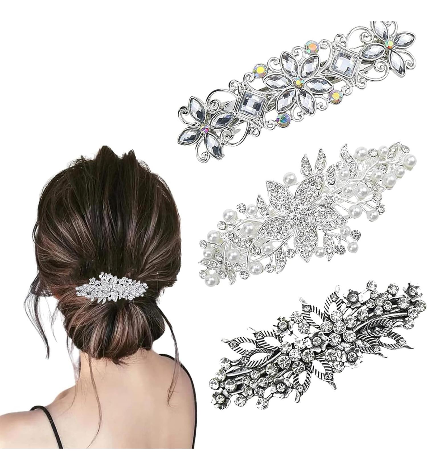 JYTDBCS 3 Pieces Large Diamante Flower Silver Leafy Barrette Vintage Antique Style Hair Clip Crystal Pearl Flower Design Hair Barrette Hair Slide diamante hair clip - Buy Online on GoSupps.com