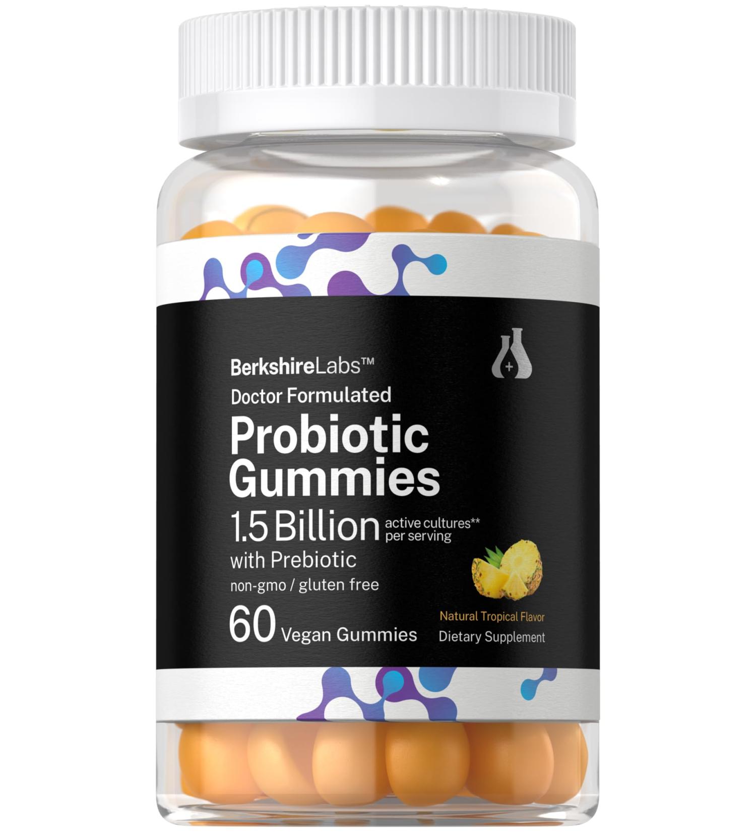 Horb ach Probiotic Gummies | 60 Count | 1.5 Billion with Prebiotic | Adult Supplement for Women and Men | Doctor Formulated | Tropical Flavor | Vegan Non-GMO and Gluten Free | Berkshire Labs - Buy Online on GoSupps.com