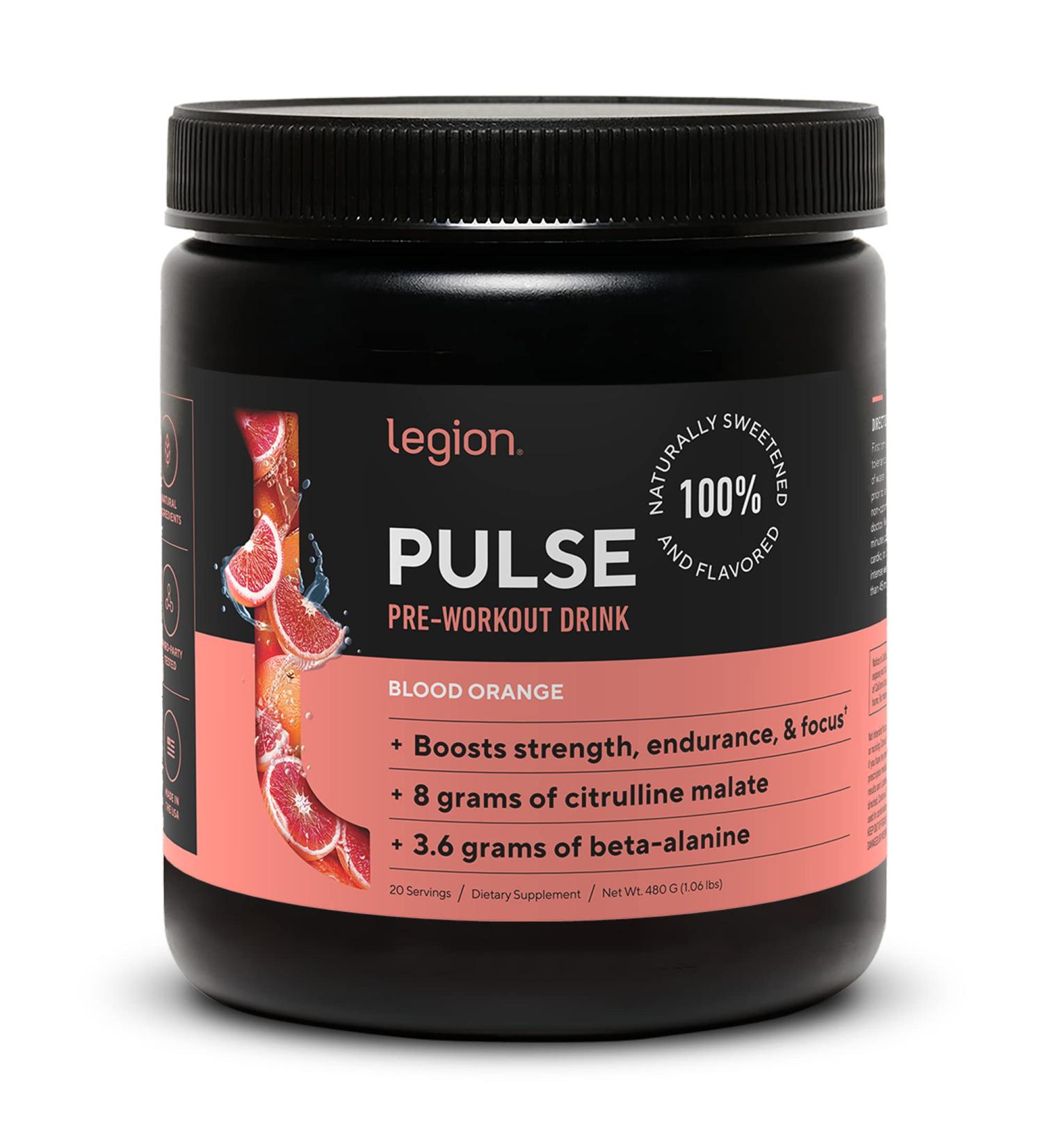 LEGION Pulse Pre Workout Supplement - Natural Nitric Oxide Energy Drink | Boost Performance, Creatine-Free Formula with Beta Alanine, Citrulline & Alpha GPC | Blood Orange Flavor | 20 Servings - Buy Online on GoSupps.com