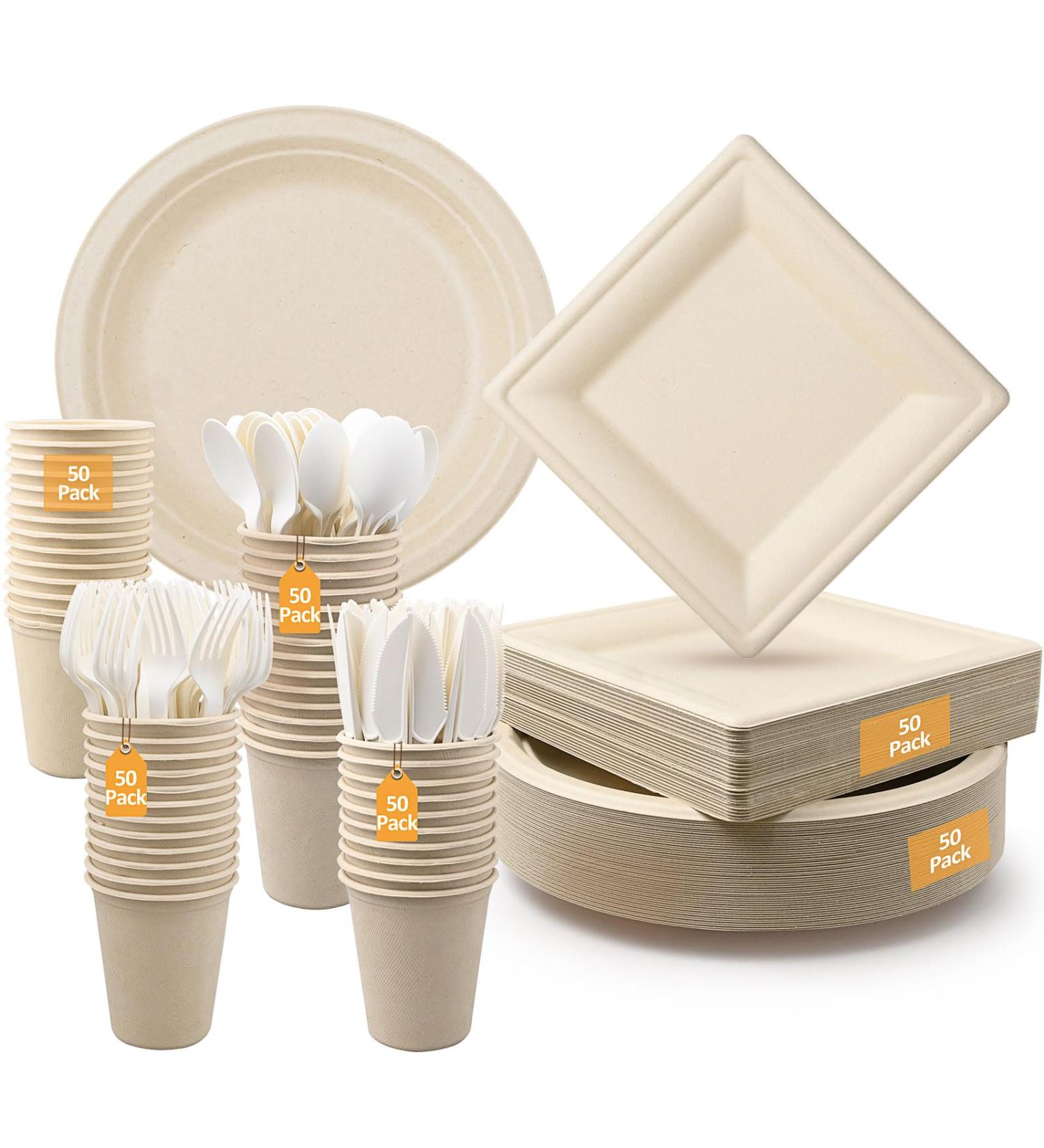 300 pcs Compostable Paper Plates Set Large Plates Heavy Duty Disposable Paper Plates Cutlery Includes Biodegradable Plates Forks Knives Spoons Cups Eco-Friendly Dinnerware Set for Party - Buy Online on GoSupps.com