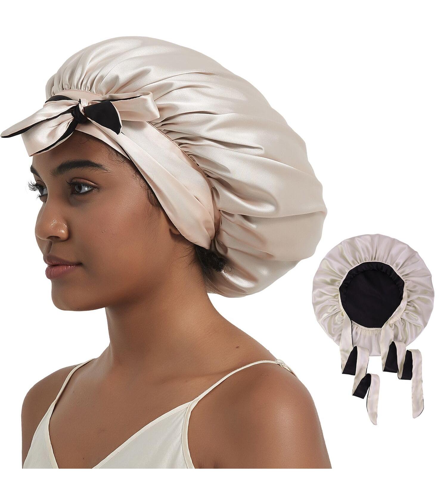 Satin Silk Bonnet for Curly Hair | Double Layer Reversible Cap for Women | One Size | CHAMPAGNE/BLACK - Buy Online on GoSupps.com