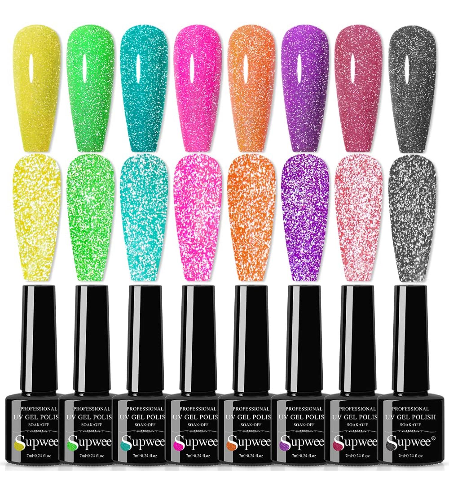 Supwee Neon Reflective Gel Polish - 8 Colors, 7ML (0.24fl oz) - Sparkle Glitter UV Gel Manicure for DIY at Home - Buy Online on GoSupps.com