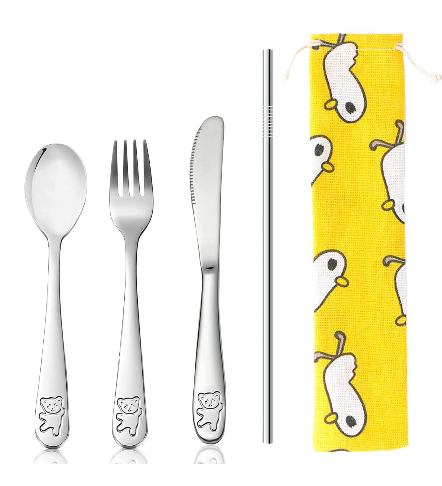 Kids Tableware Set 5pcs with Cutlery Bag - Adorable Children's Cutlery Set for Toddlers - Knife, Fork, Spoon, Straw - Buy Online on GoSupps.com