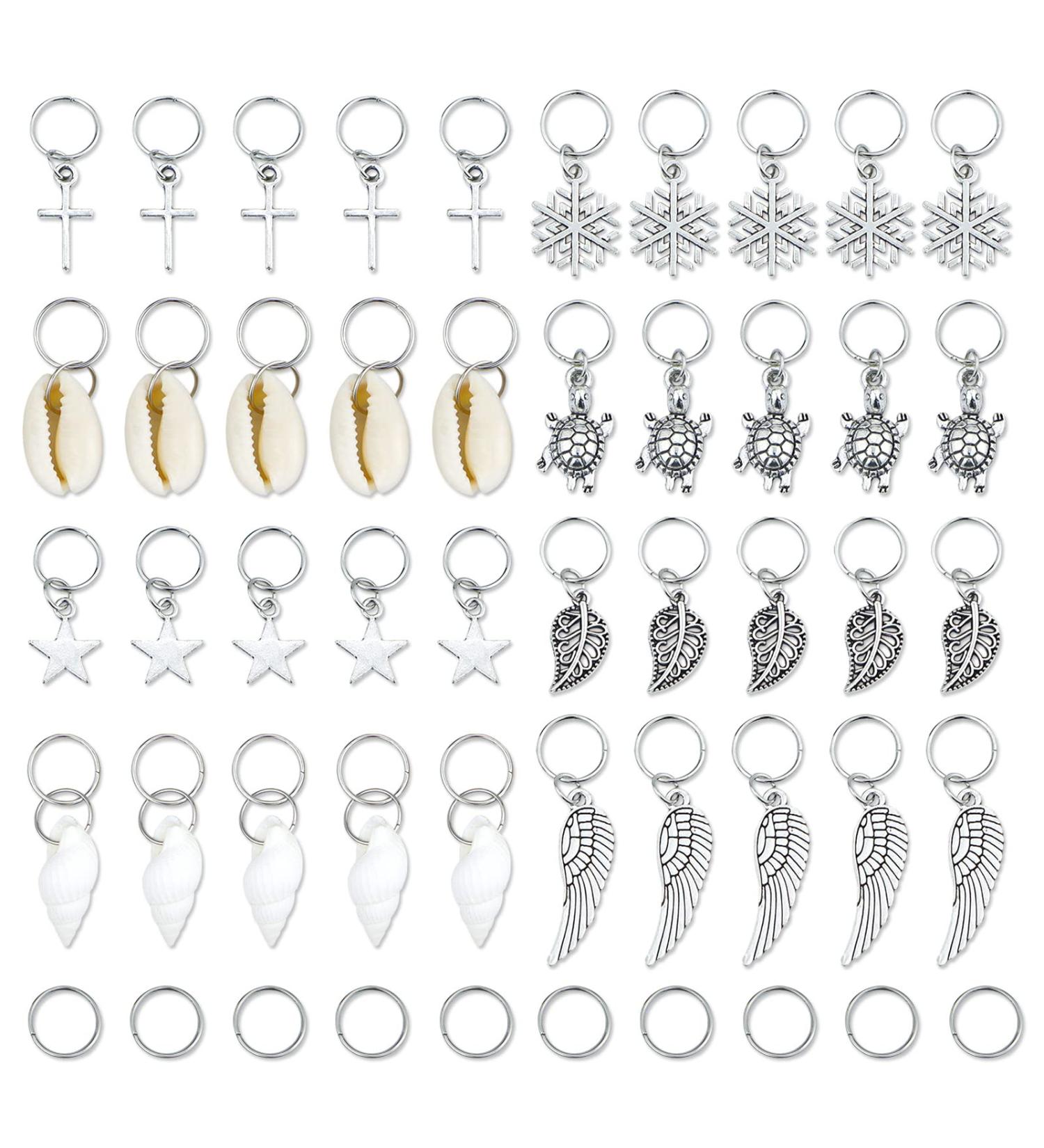 JIALEEY Hair Braid Rings Set - 50PCS Silver Rings with Shell, Leaves, Star, Conch, Snowflake Charms - Hair Loops Clips Headband Accessories - Buy Online on GoSupps.com