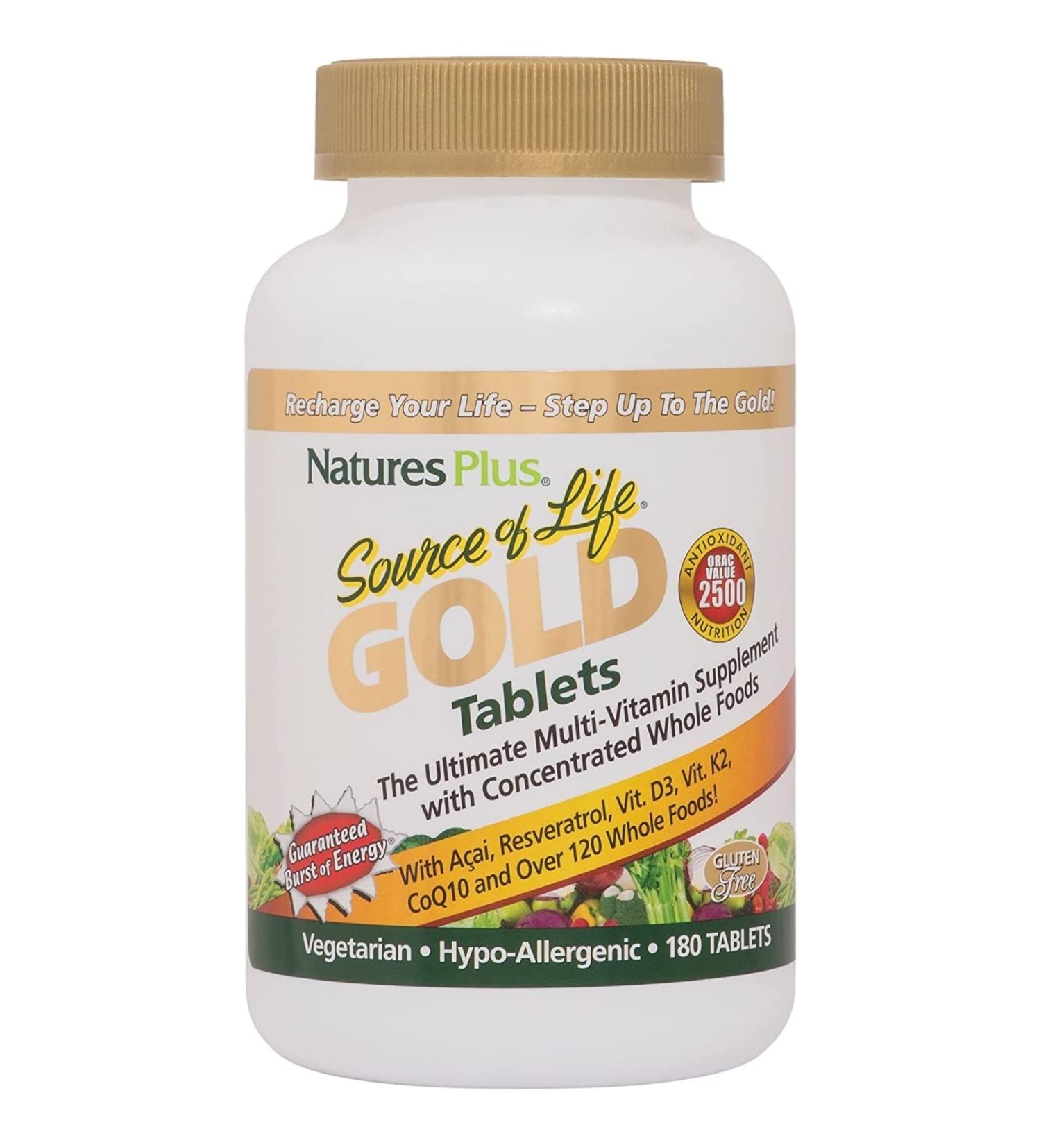 NaturesPlus Source of Life Gold Multivitamin - 180 Tablets | Vitamins D3, B12 & K2 | Blood, Bone & Immune Support | Vegetarian & Gluten Free - Buy Online on GoSupps.com