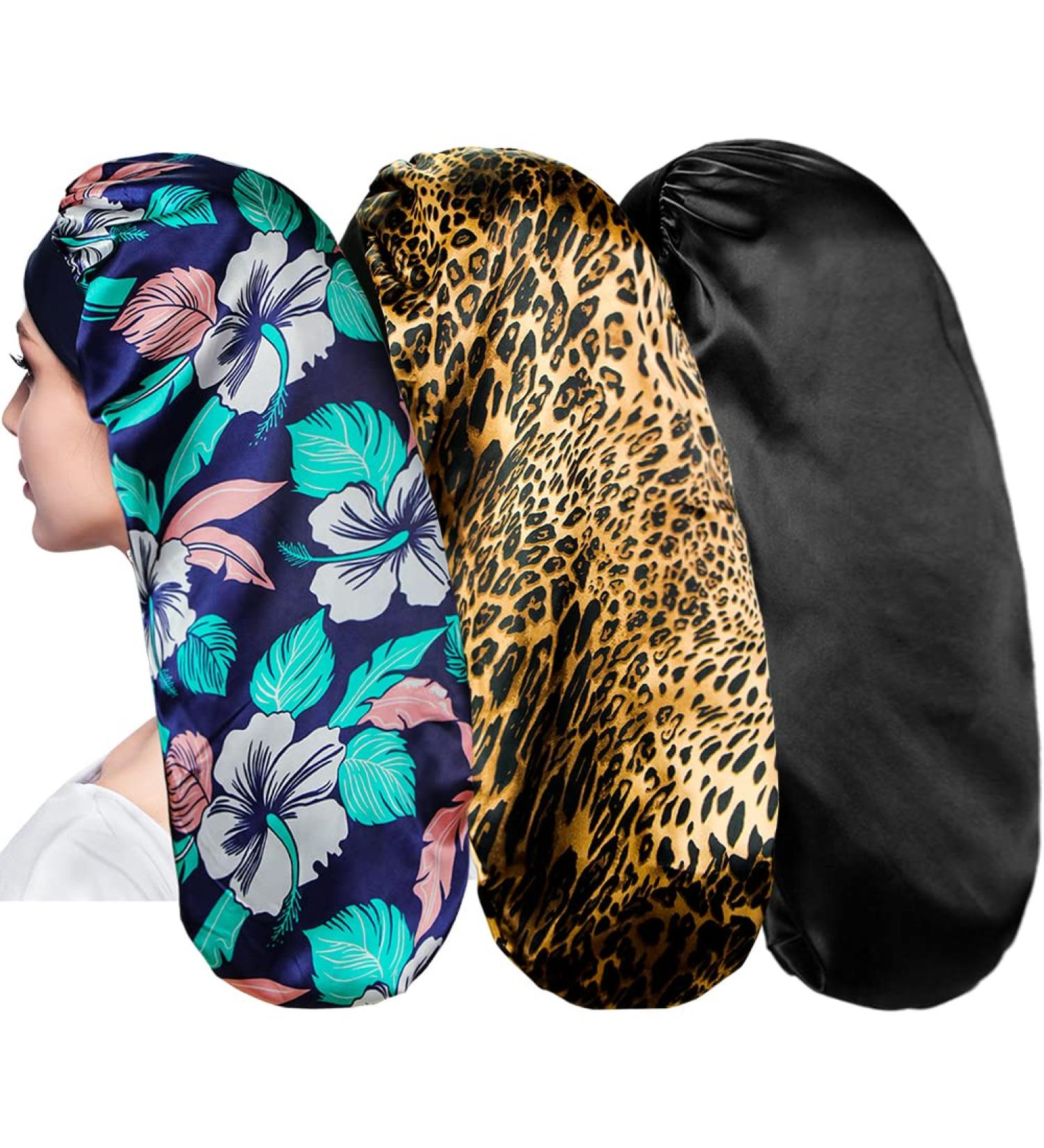 3 Pack Extra Large Long Silky Sleep Bonnet for Curly Hair, Dreadlock, and Braids - Satin Night Caps for Women - Buy Online on GoSupps.com