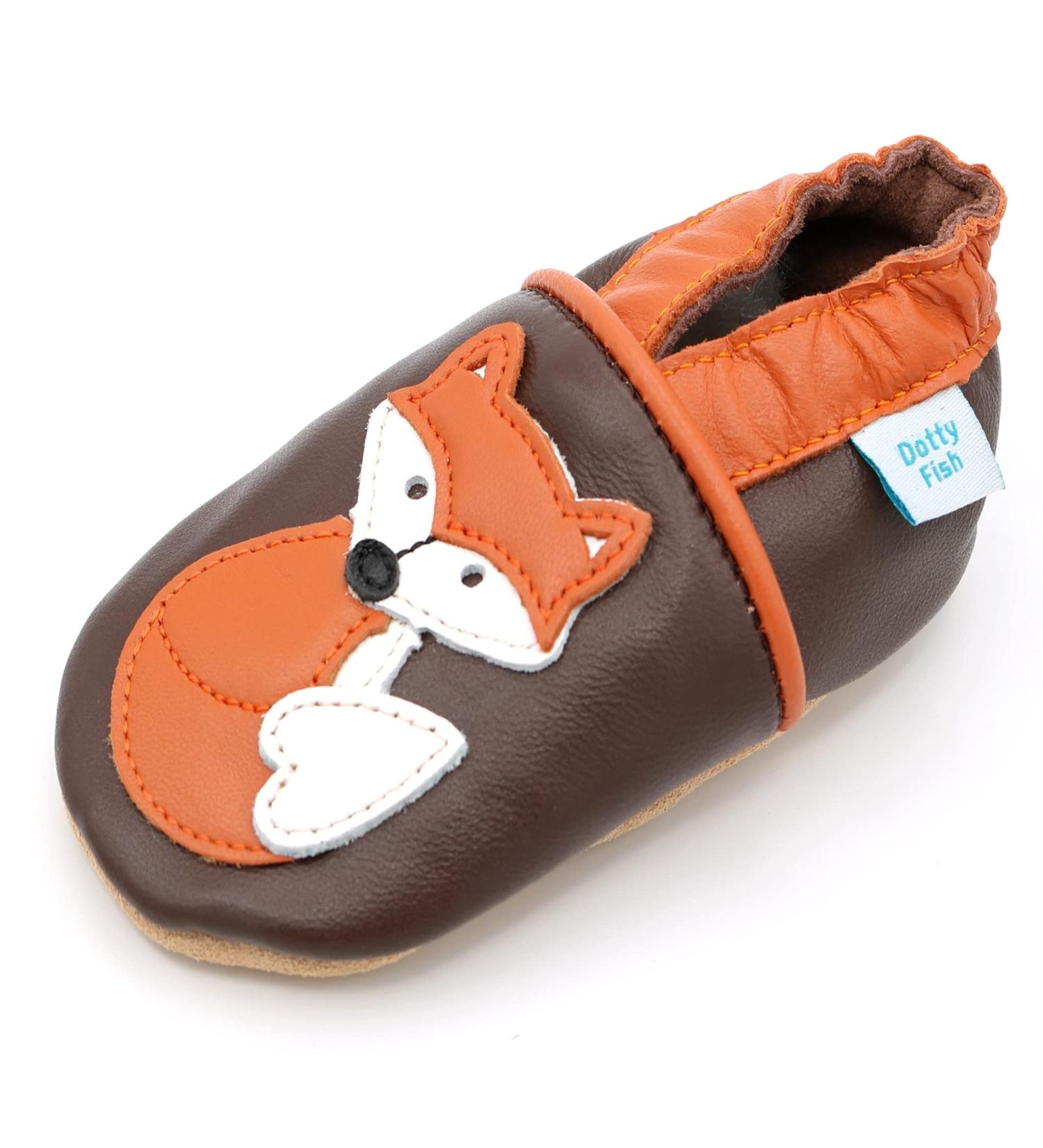 Dotty Fish Soft Leather Baby Shoes for Boys | Non Slip Toddler Shoes | Animal Designs | 0-6 Months to 4-5 Years | Brown and Orange Fox - Buy Online on GoSupps.com