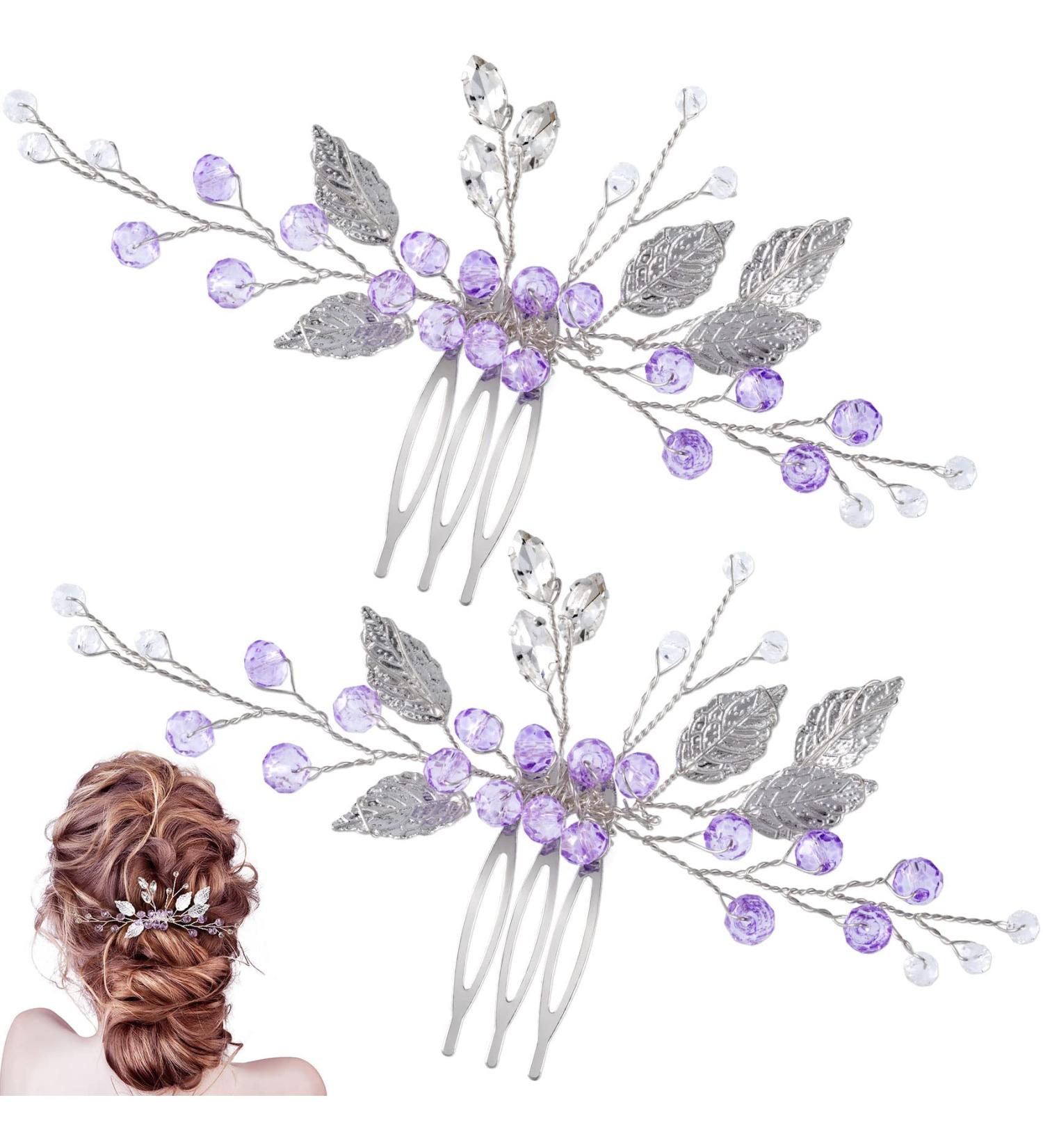 PAGOW 2PCS Purple Rhinestone Leaf Hair Comb Clips for Wedding Accessories - Women, Girls, Bride, Bridesmaid | Crystal Headpiece (4.73 x 2.76 inch) - Buy Online on GoSupps.com