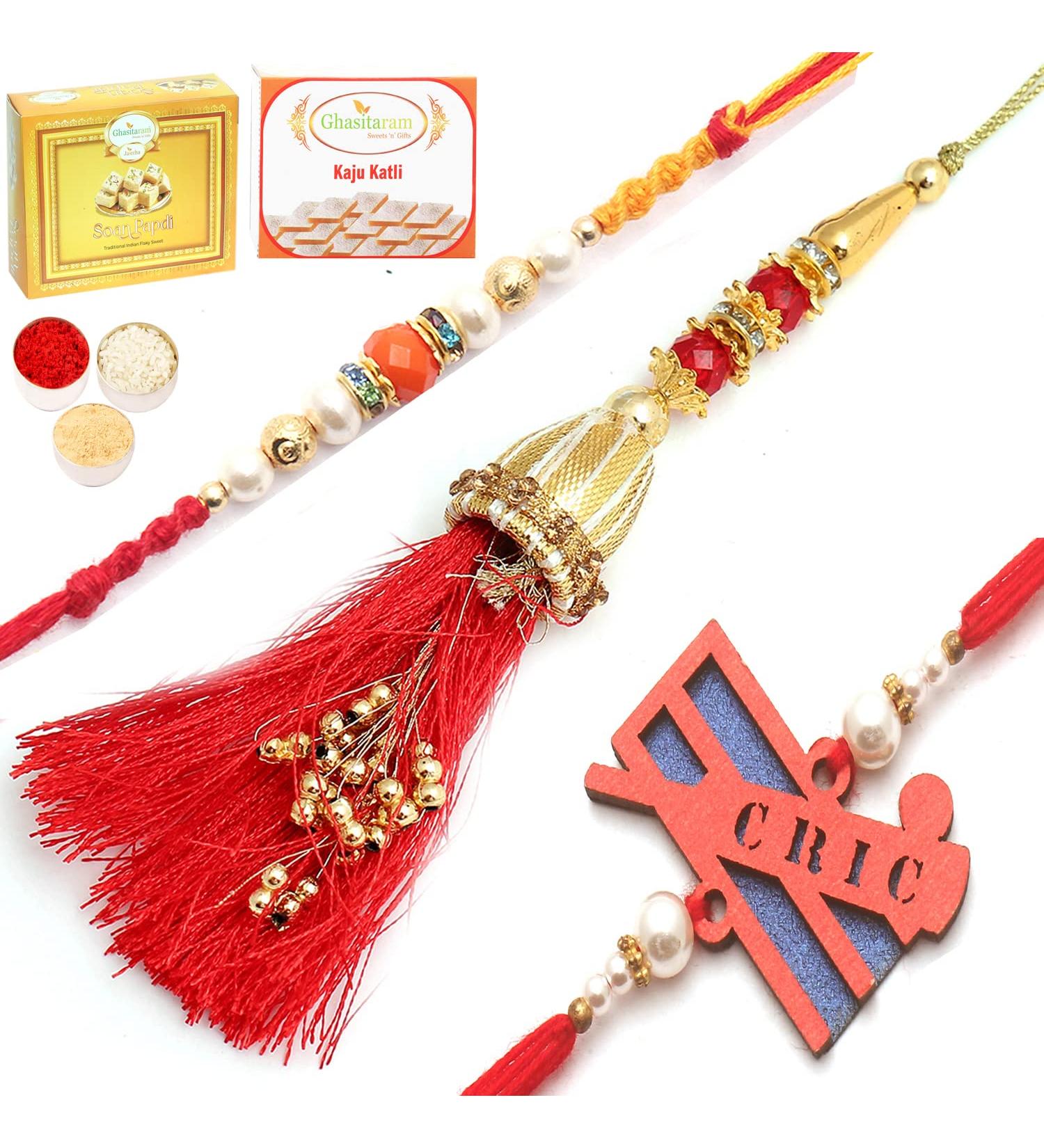 Ghasitaram Gifts Rakhi for Brother Rakhis Online - Set of 3 Ibiza Bhaiya Bhabhi Rakhi and Cricketer Kids Rakhi with 200 GMS of Kaju katli and 200 GMS of Soan Papdi - Buy Online on GoSupps.com