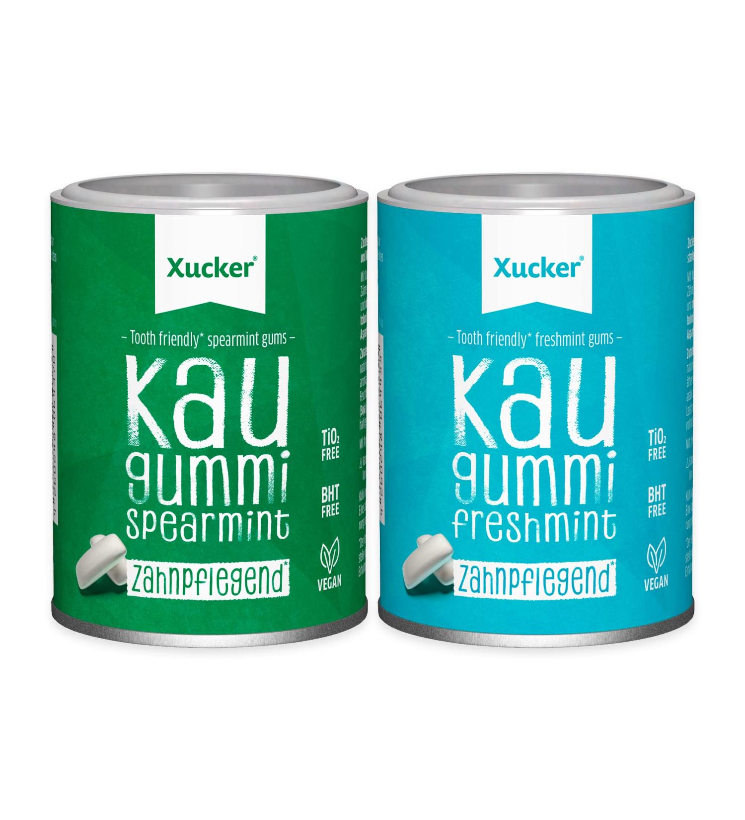 Xucker Sugar-Free Dental Care Chewing Gum Set - Vegan Xylitol Gum with Spearmint & Freshmint for Bad Breath - 2x100g - Buy Online on GoSupps.com