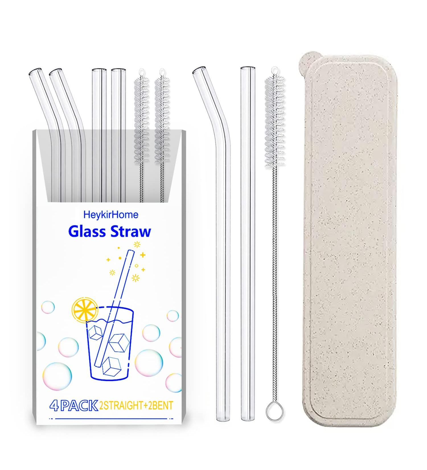 HeykirHome 4-Pack Reusable Glass Straws 8.5''x10mm - Straight & Bent with Travel Case and Cleaning Brushes - Ideal for Smoothies, Tea, Juice - Buy Online on GoSupps.com