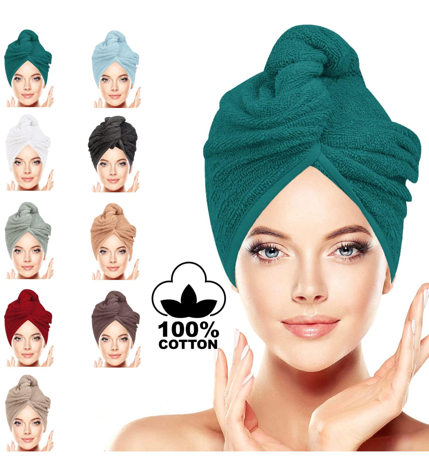 Luxury Hair Drying Towel Turban - 100% Cotton Quick-Dry Scarf for Long Hair | Blue-Green Haarurban | Ideal for Women - 62cm x 23cm - Buy Online on GoSupps.com