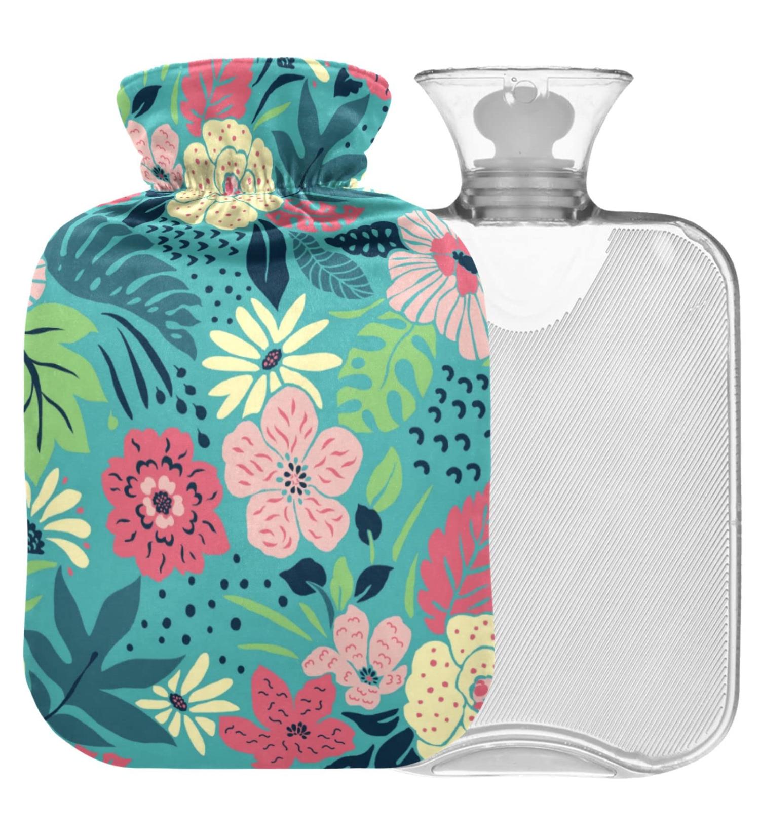 NAANLE 1L Transparent Hot Water Bottle with Palm Leaf Flower Cover - Ideal for Pain Relief & Heat Therapy - Buy Online on GoSupps.com