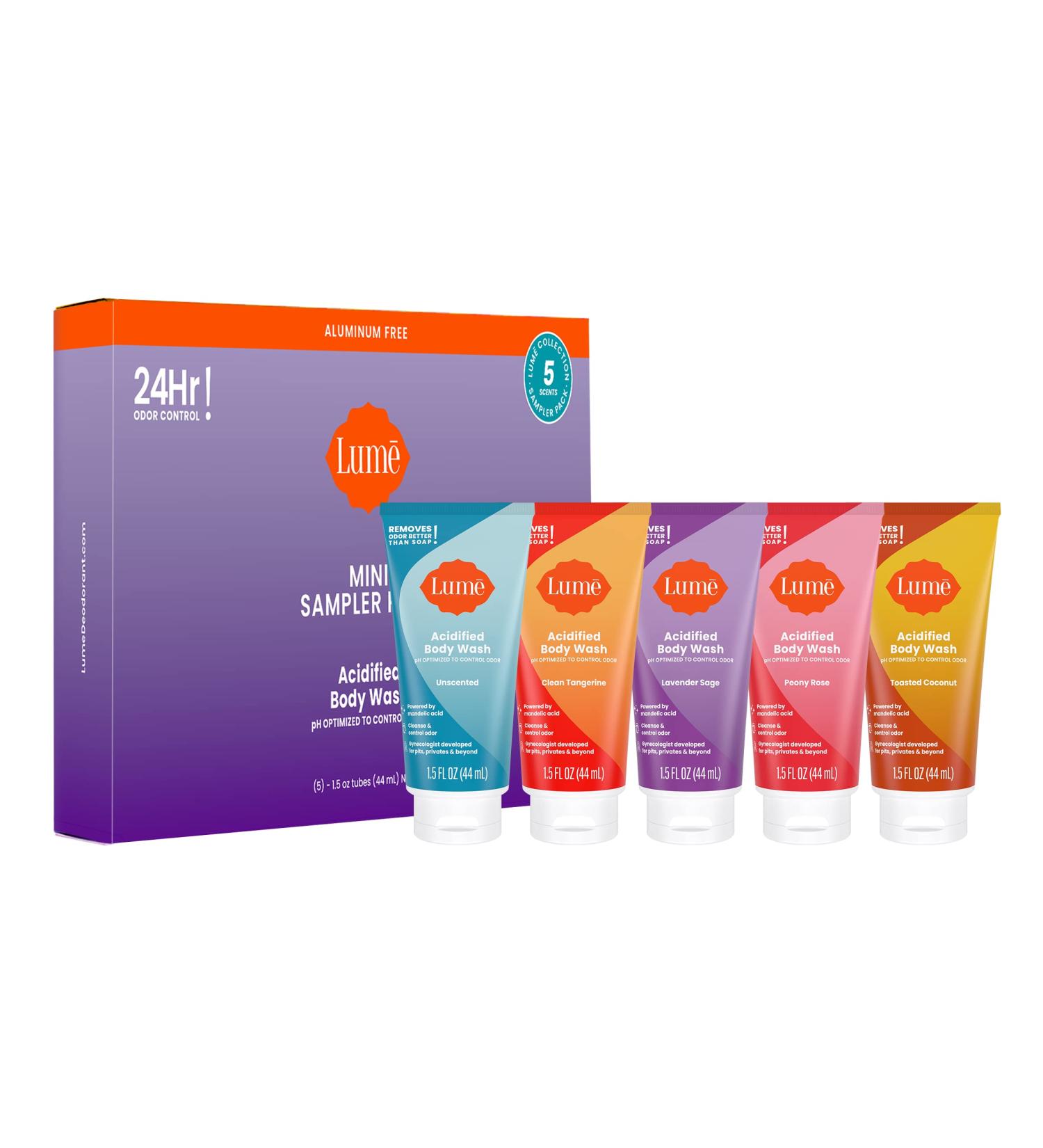 Lume Acidified Body Wash 5 Pack Mini Sampler - 24 Hour Odor Control, Moisturizing Formula, SLS & Paraben Free - Clean Tangerine Lavender Scent - Safe For Sensitive Skin - 1.5oz Tubes - Buy Online on GoSupps.com