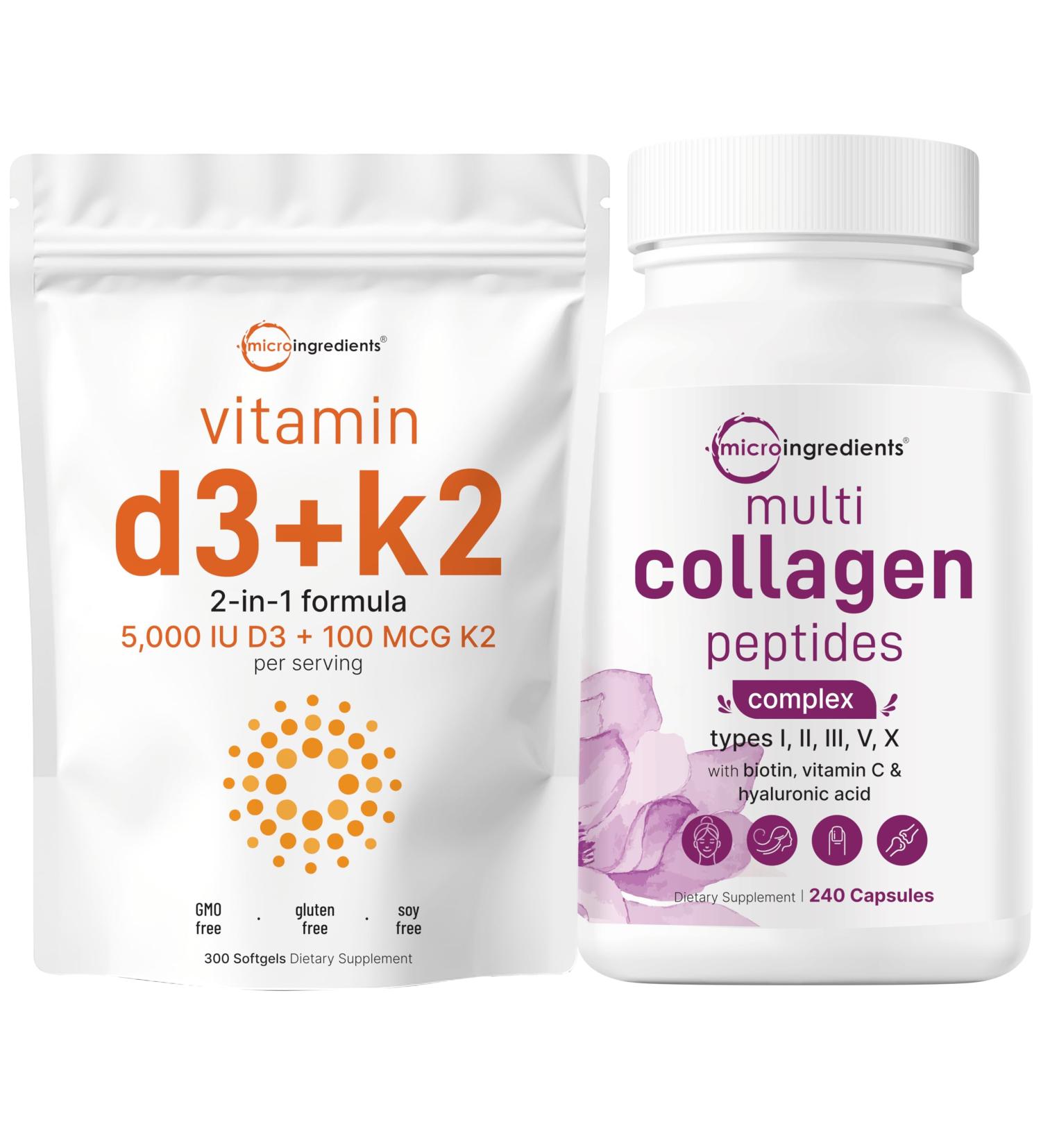 Micro Ingredients Vitamin D3 5 000iu + K2 100mcg Softgels & Multi Collagen Complex 240 Capsules Bundle 2 Pack | Essential Sunshine Vitamins | Hydrolyzed Protein Peptides - Buy Online on GoSupps.com