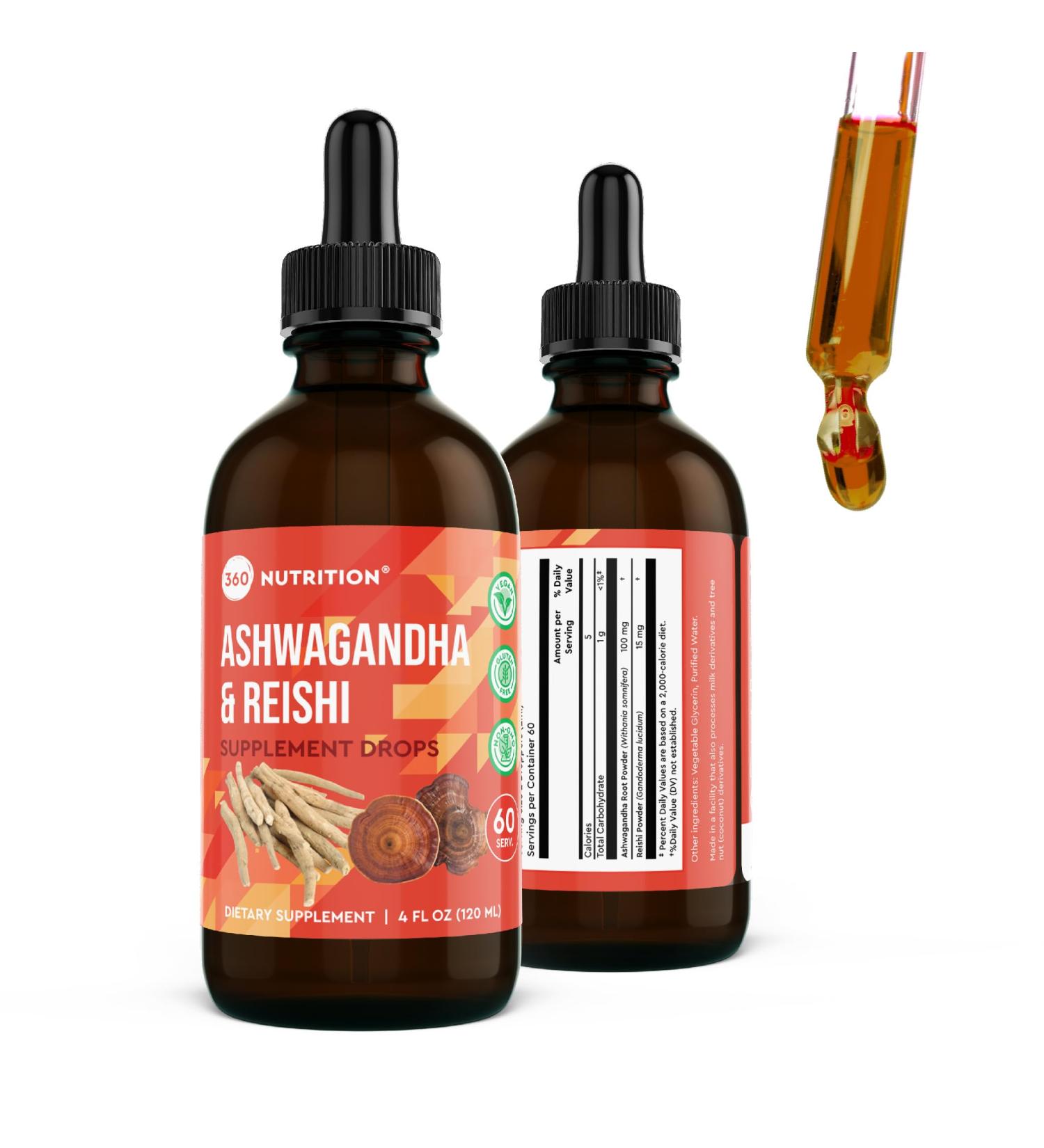 360 Nutrition Ashwagandha & Reishi Root Supplement Drops for Stress Relief Stamina & Longevity and Energy Support - Vegan Non-GMO Adaptogenic - 4 fl oz 60 Servings - Buy Online on GoSupps.com