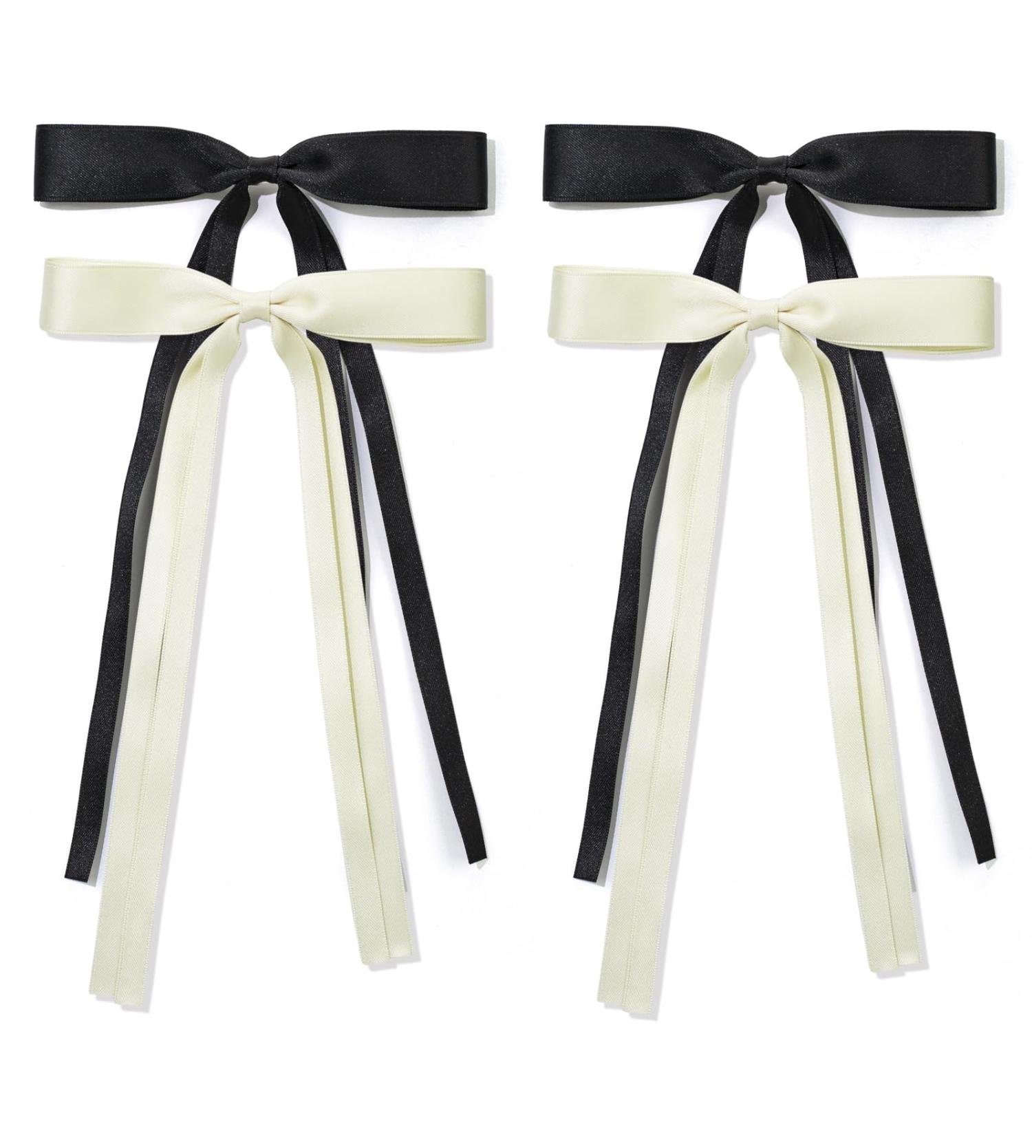 Ribbon Hair bow Hair Clips Black Pink Long Tail French hair Bows Hair Clips Tassel Ribbon Bowknot for Women Girl Bow Hair Barrette Dress Up Accessories for Birthday/Party/Show/Christmas black+milky white - Buy Online on GoSupps.com