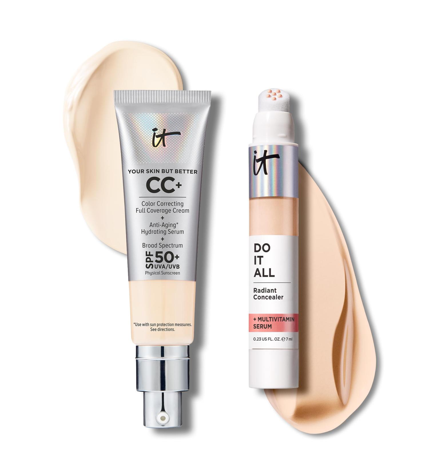 IT Cosmetics CC+ Cream with SPF 50+ Natural Finish Full Coverage Foundation (Fair - 1.08 fl oz) & Do It All Radiant Concealer Multivitamin Serum Makeup (120 Fair Warm - 0.2 fl oz) - Buy Online on GoSupps.com