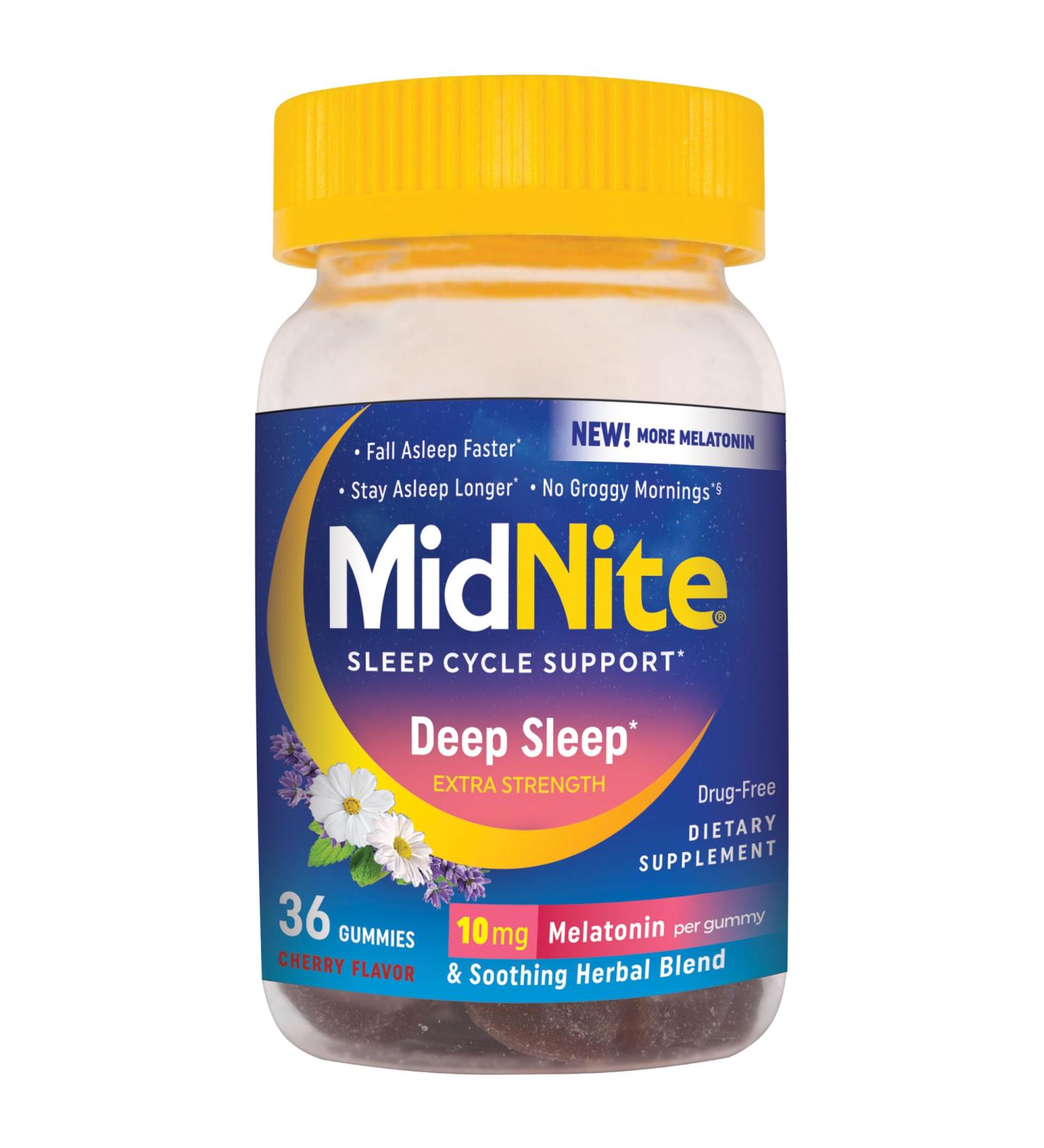 MidNite Deep Sleep Extra Strength 10 mg Melatonin Sleep Aid Non-Habit Forming Herbal Dietary Supplement for Adults Drug-Free Gluten-Free Lactose-Free Vegetarian-Friendly 36 Gummies - Buy Online on GoSupps.com