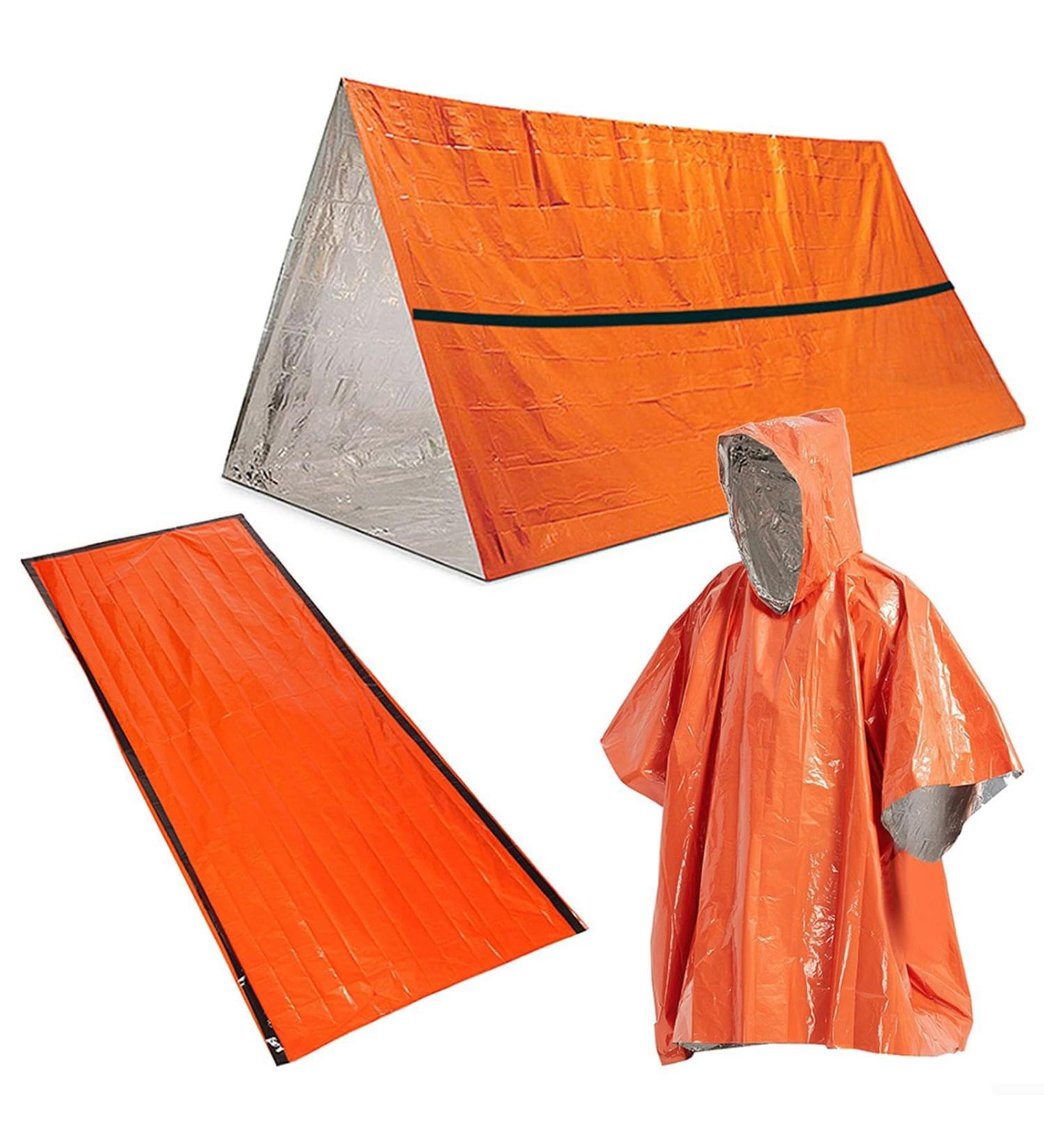 3-in-1 Outdoor Emergency Survival Kit | Heat Reflective Thermal Raincoat & Sleeping Bag Tent Set - Perfect for Camping - Orange - Buy Online on GoSupps.com