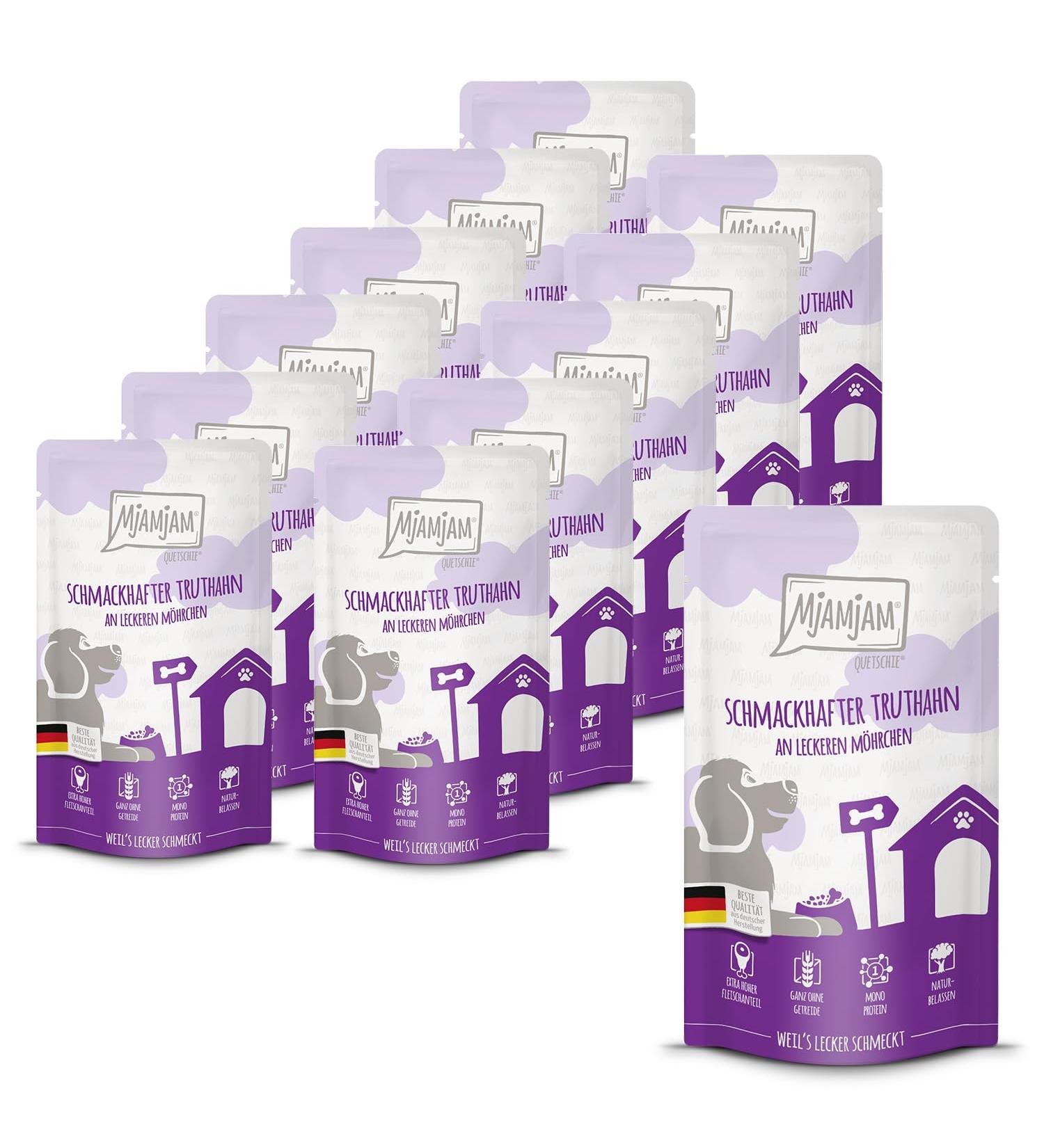 MjAMjAM - Premium wet food for dogs - Quetschie - tasty turkey meat accompanied by delicious carrots pack of 12 (12 x 125g)