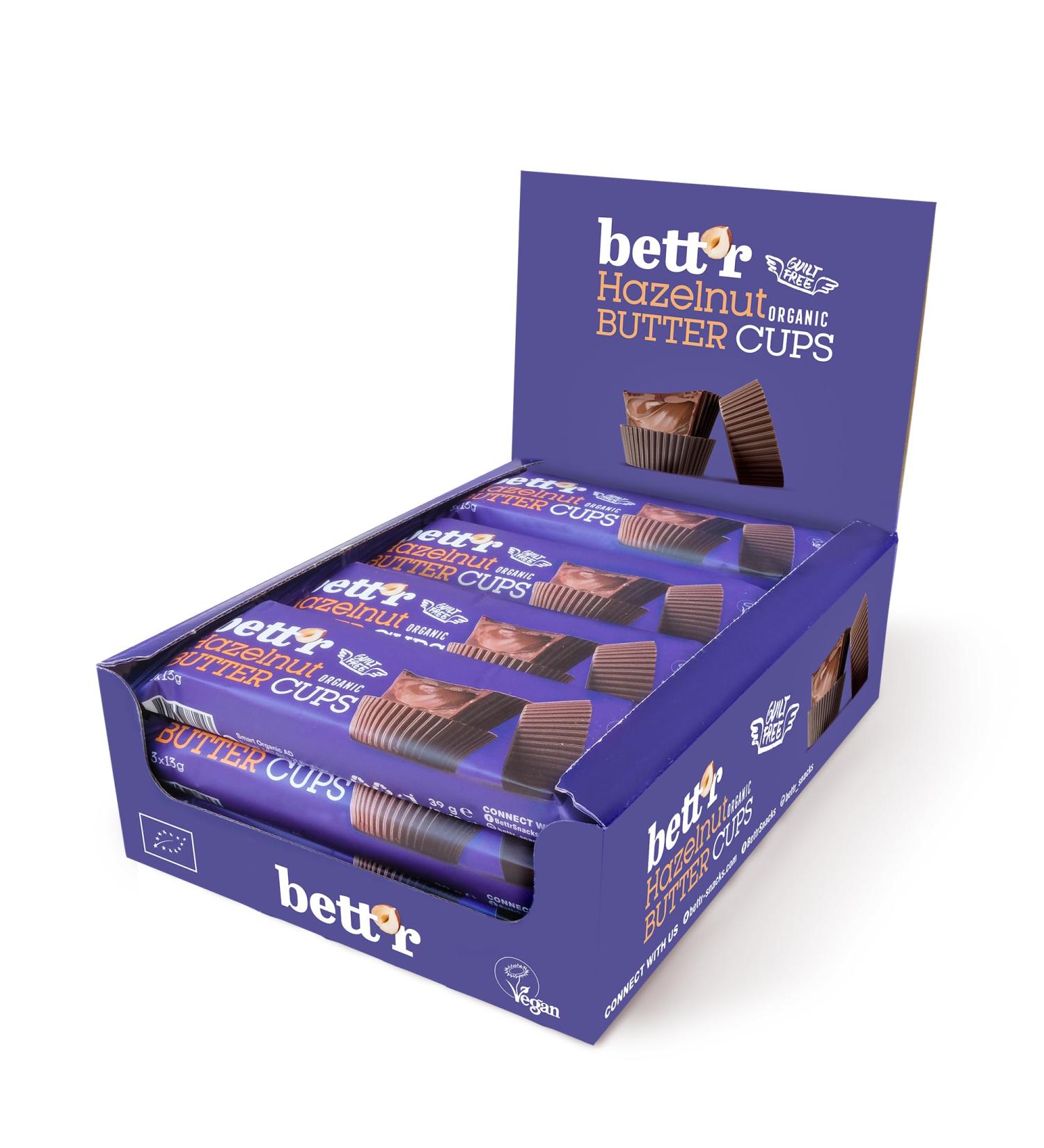 Bett r Bio Hazelnut Butter Cups. 100% Vegan Gluten Free and Lactose Free - 12 x 39 g Bett'r Bio Hazelnut Butter Cups - Buy Online on GoSupps.com